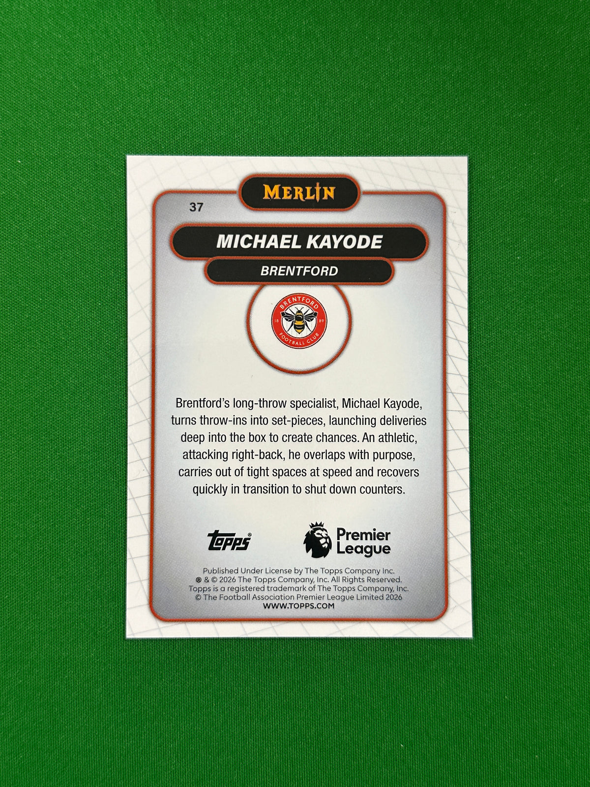 Michael Kayode Parallel Green Mojo 29/99 - 2026 Topps Merlin Premier League - back