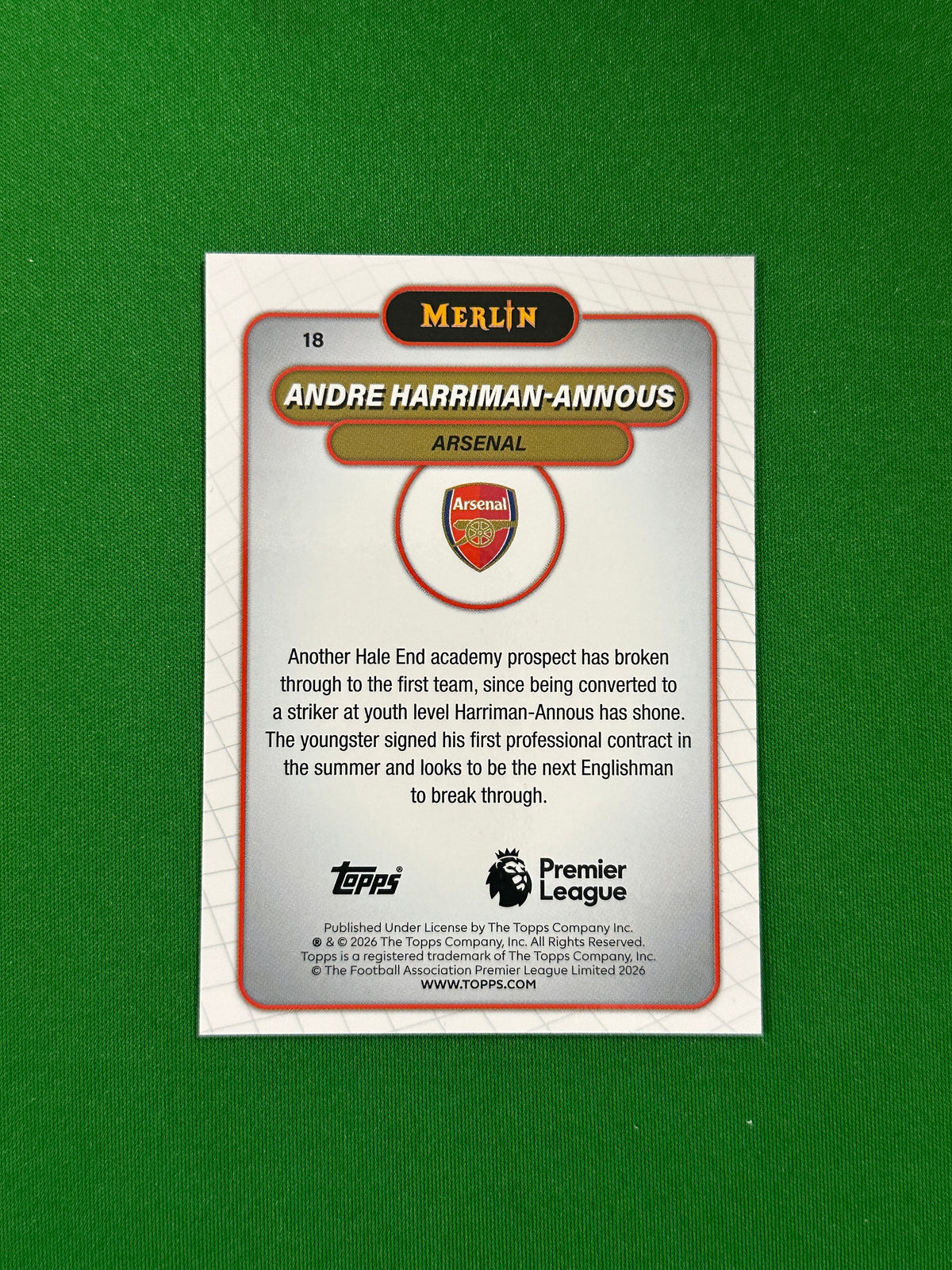 Andre Harriman-Annous Rookie Parallel Aqua Refractor 141/199 - 2026 Topps Merlin Premier League - back
