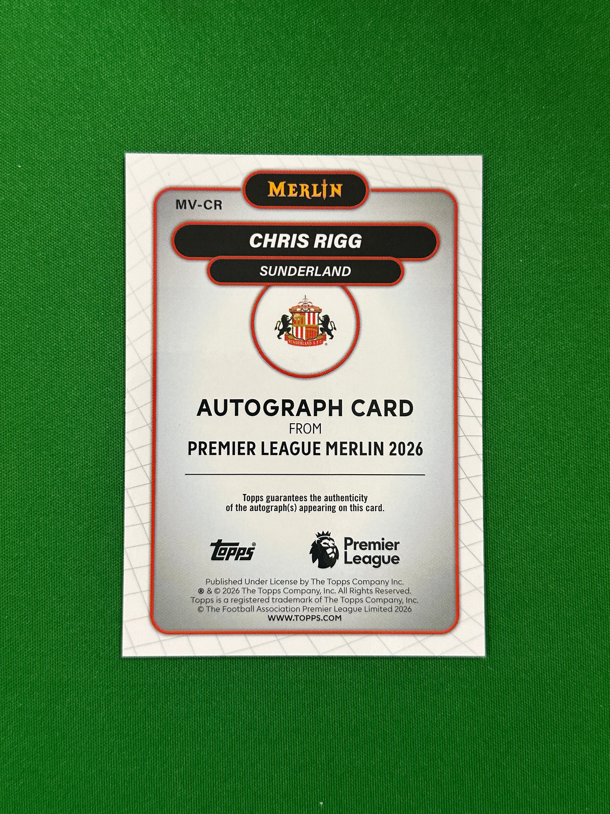 Chris Rigg Rookie Autograph Gold Refractor 13/50 - 2026 Topps Merlin Premier League - back