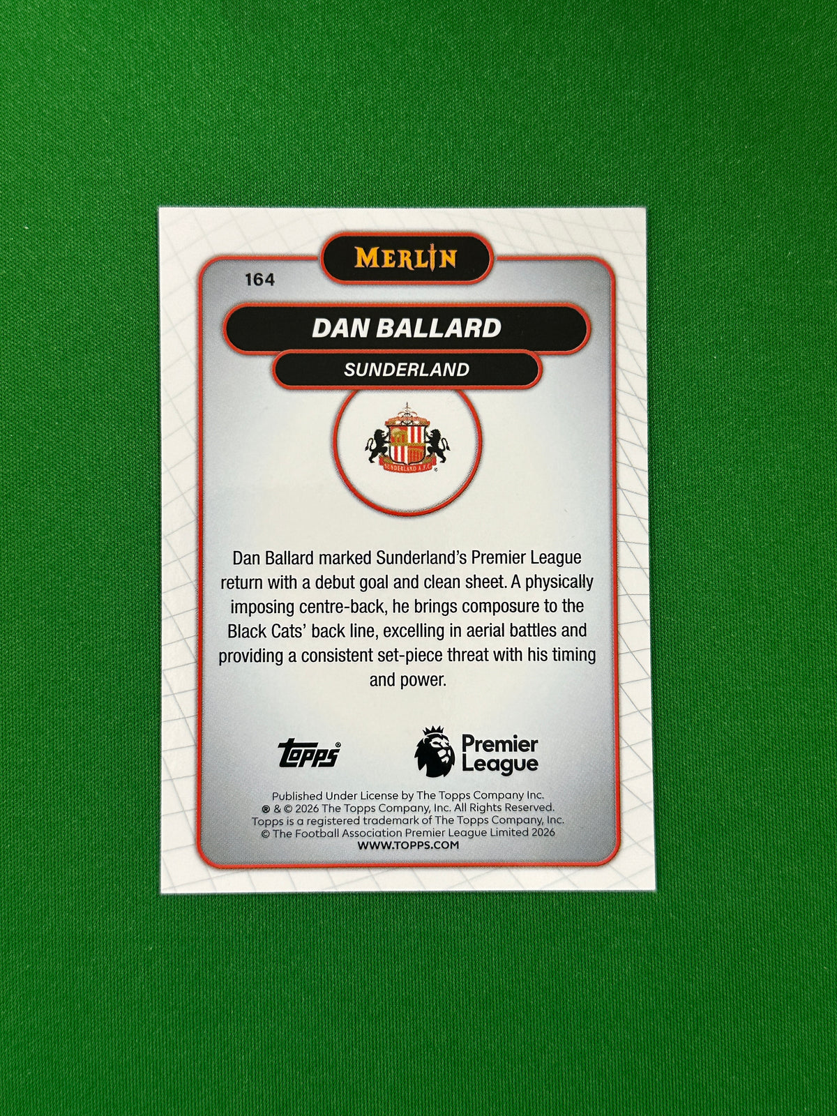 Dan Ballard Rookie Parallel Vintage Merlin - 2026 Topps Merlin Premier League - back