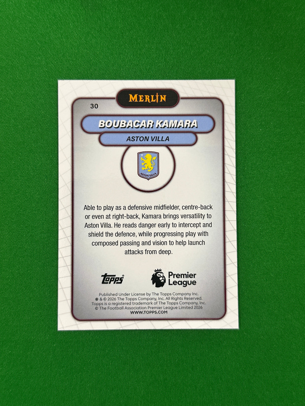 Boubacar Kamara Parallel Vintage Merlin - 2026 Topps Merlin Premier League - back