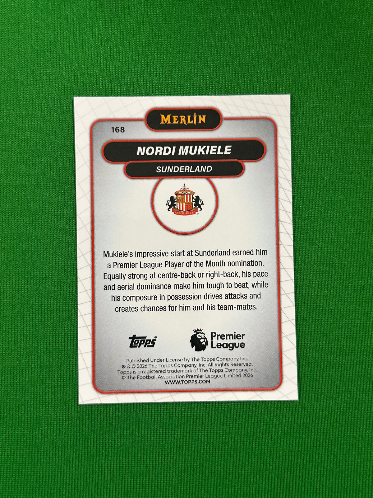 Nordi Mukiele Parallel Aqua Mojo 131/199 - 2026 Topps Merlin Premier League - back