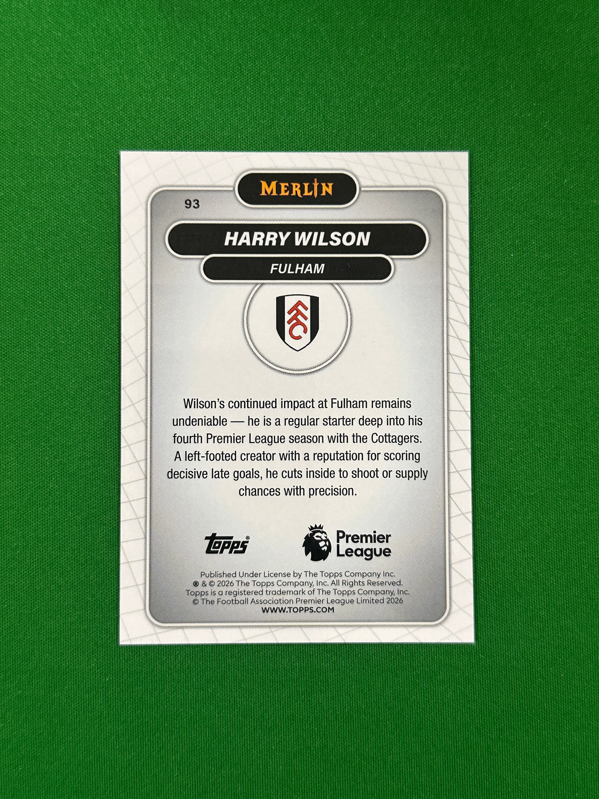 Harry Wilson Parallel Gold Mojo 06/50 - 2026 Topps Merlin Premier League - back