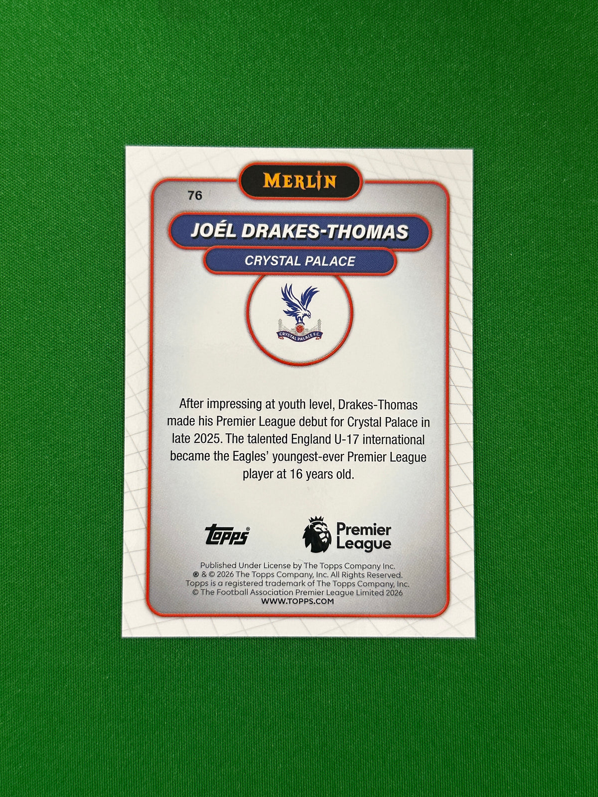 Joël Drakes-Thomas Rookie Parallel Blue Mojo 039/150 - 2026 Topps Merlin Premier League - back