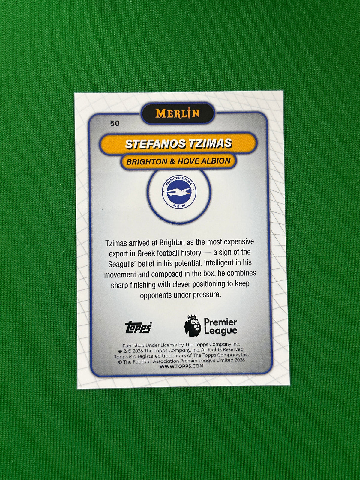 Stefanos Tzimas Rookie Parallel Green Mojo 92/99 - 2026 Topps Merlin Premier League - back