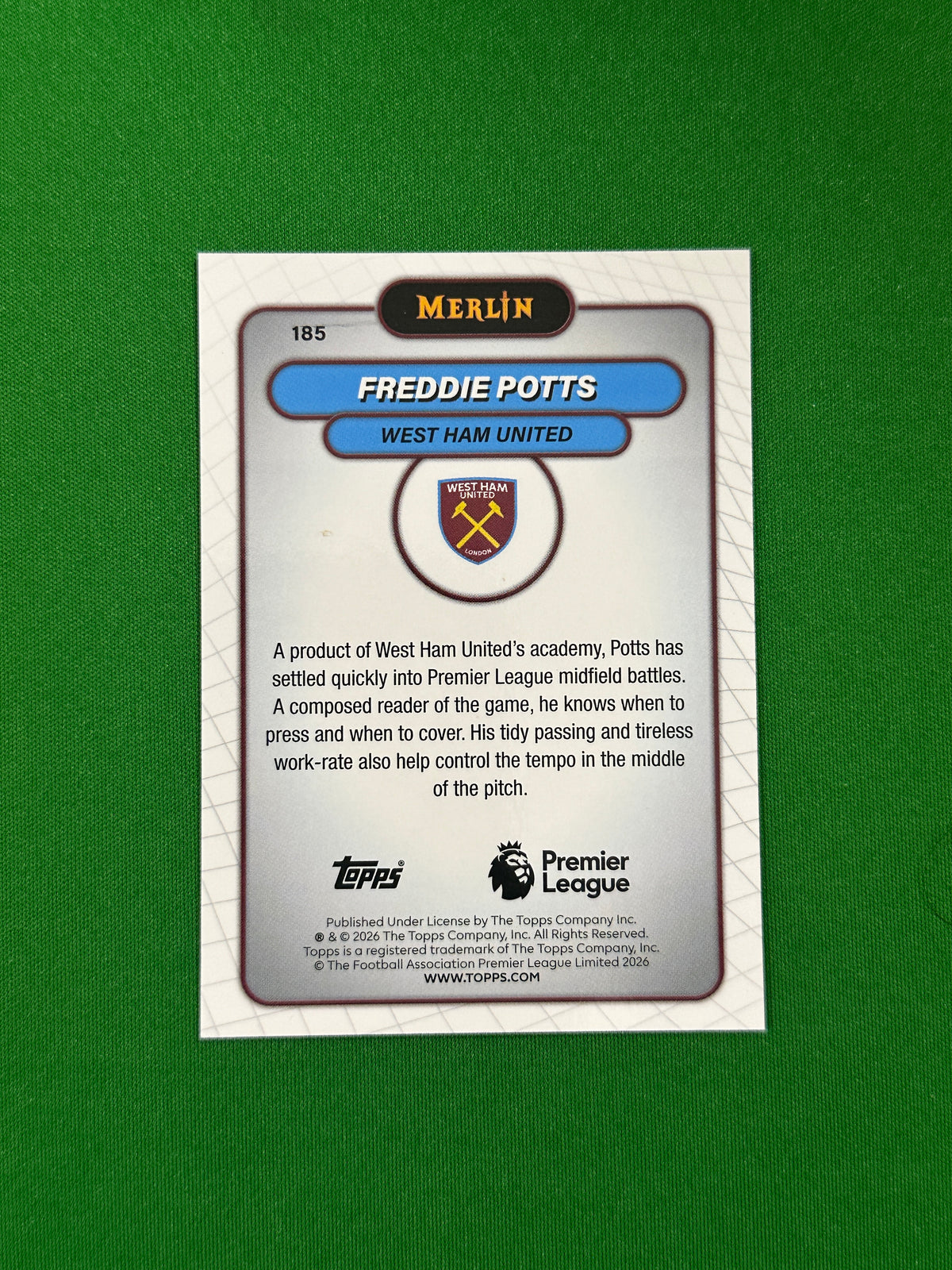 Freddie Potts Rookie Parallel Purple Refractor 31/75 - 2026 Topps Merlin Premier League - back
