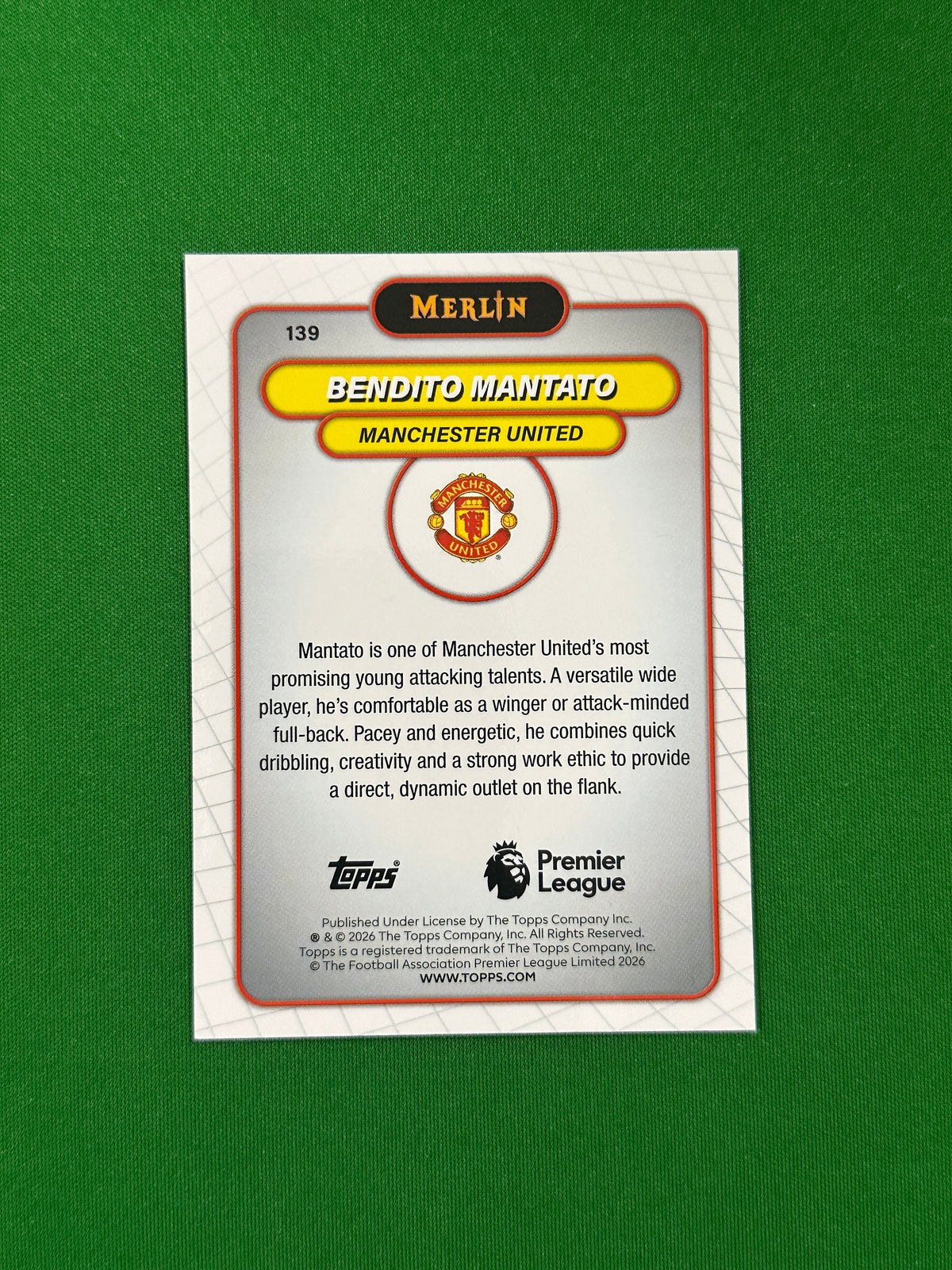 Bendito Mantato Rookie Parallel Aqua Refractor 133/199 - 2026 Topps Merlin Premier League - back