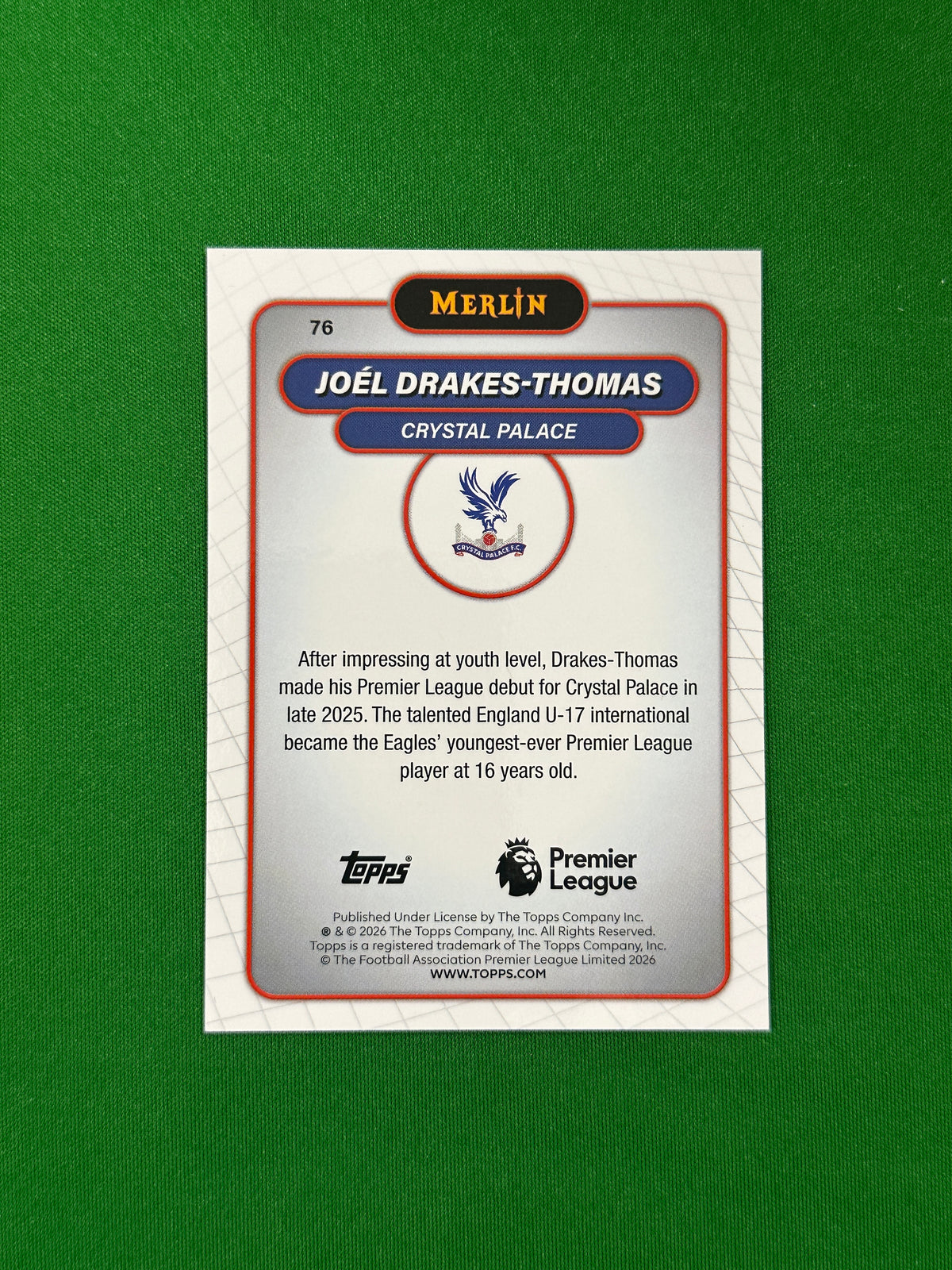 Joël Drakes-Thomas Rookie Parallel Green Mojo 39/99 - 2026 Topps Merlin Premier League - back