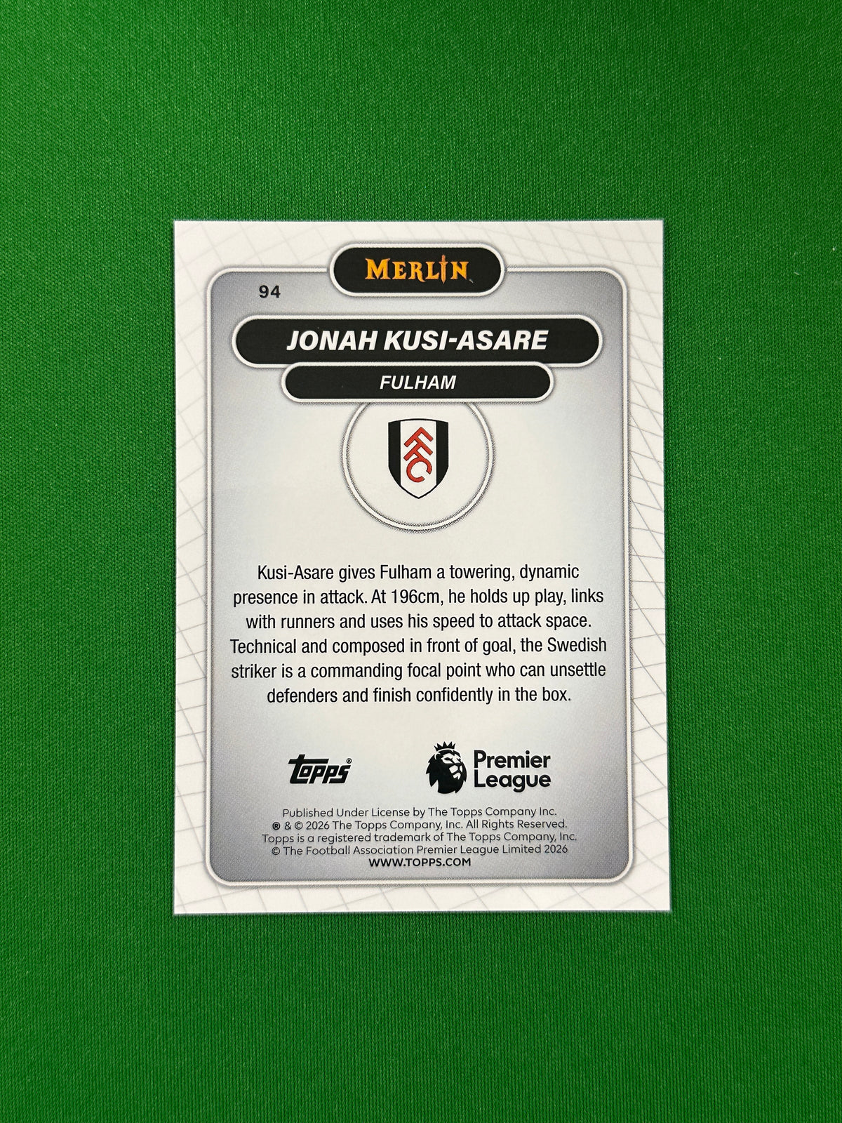 Jonah Kusi-Asare Rookie Parallel Aqua Refractor 073/199 - 2026 Topps Merlin Premier League - back