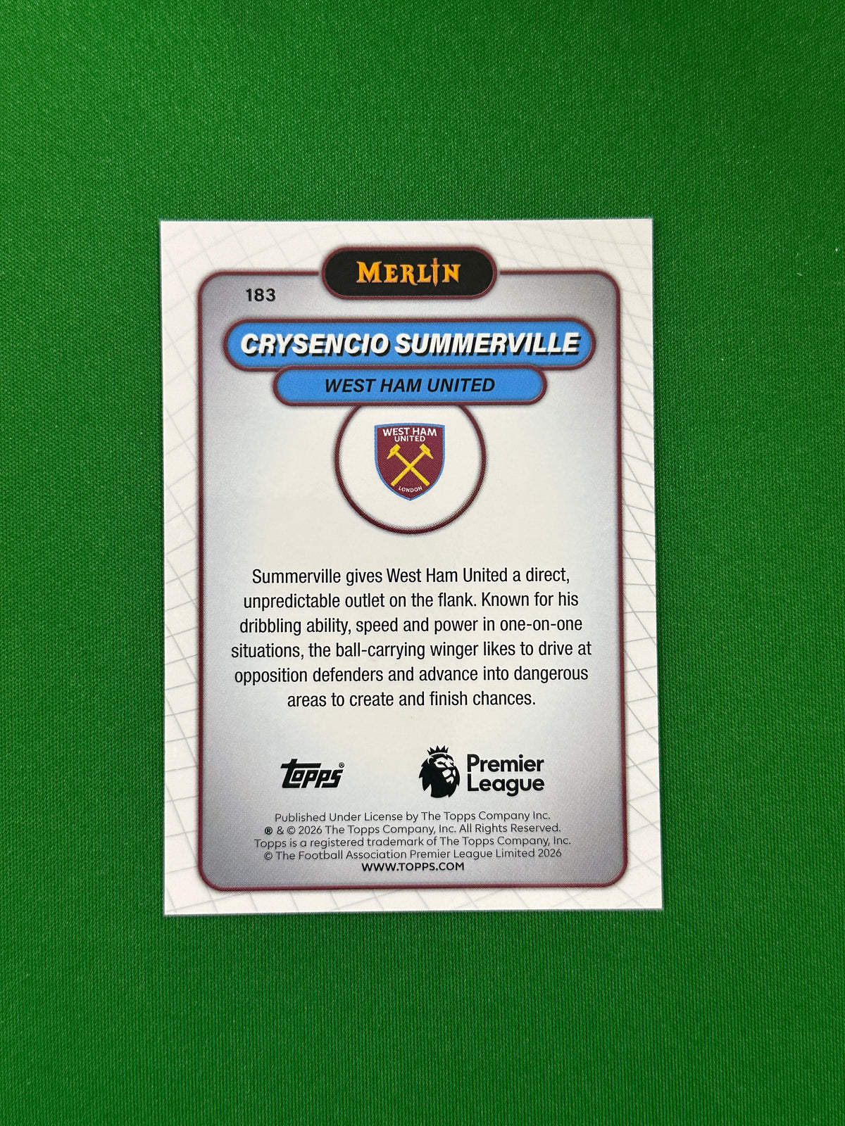 Crysencio Summerville Parallel Green Mojo 94/99 - 2026 Topps Merlin Premier League - back