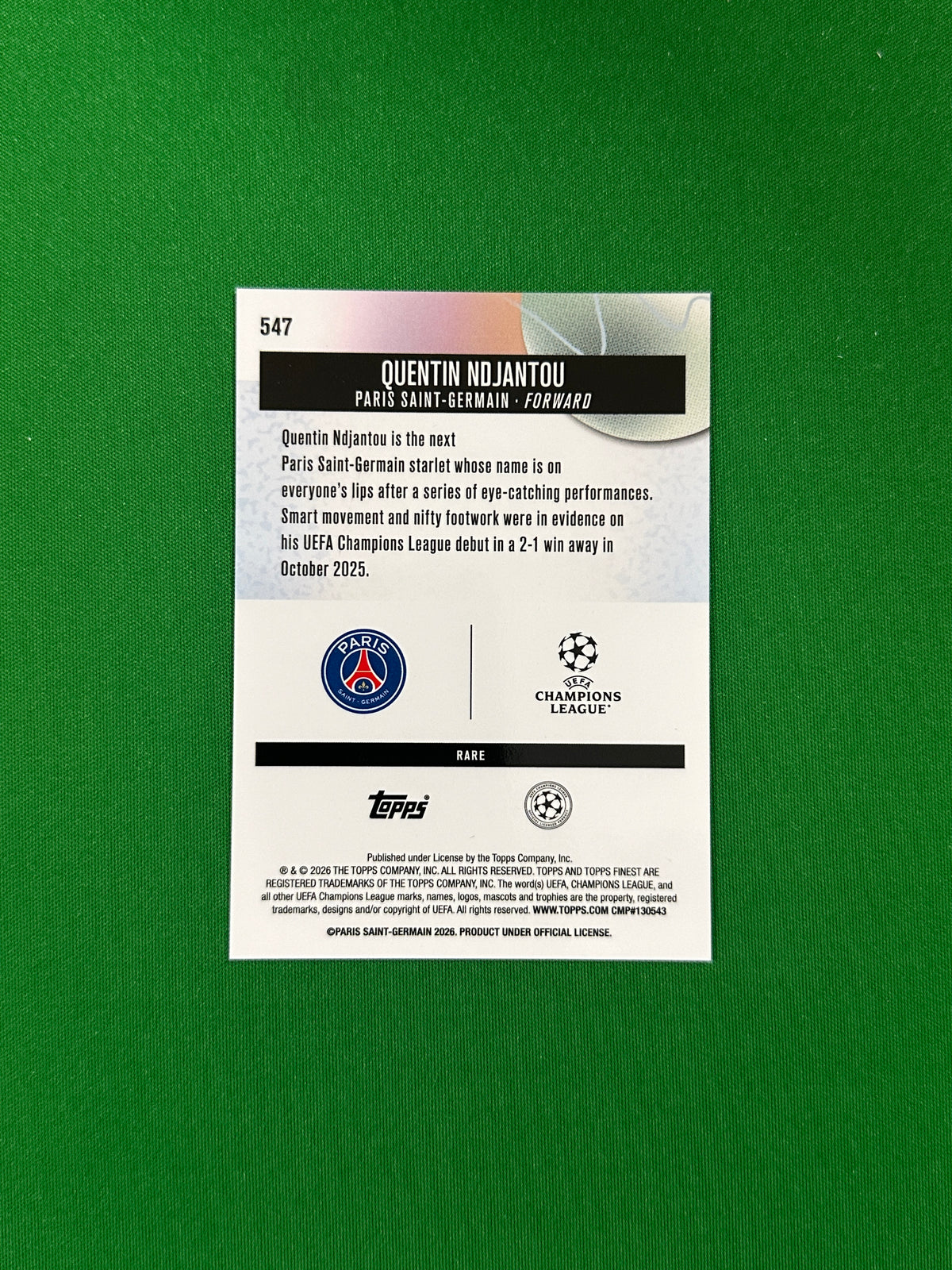 Quentin Ndjantou Rare Rookie Parallel Blue Refractor 83/99 - 2025-26 Topps Finest UEFA Club Competitions - back