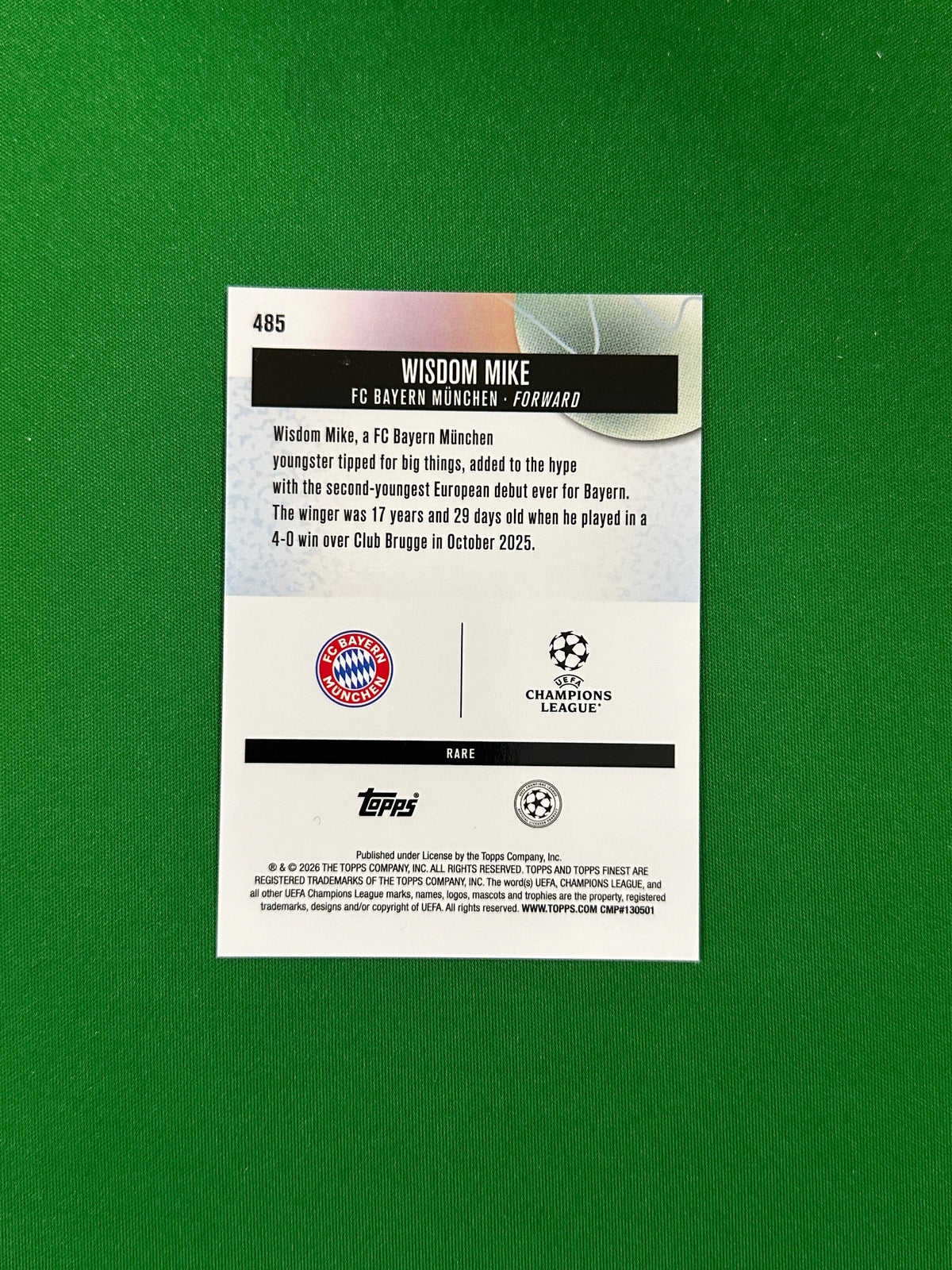 Wisdom Mike Rare Rookie Parallel Purple Checkerboard 36/75 - 2025-26 Topps Finest UEFA Club Competitions - back