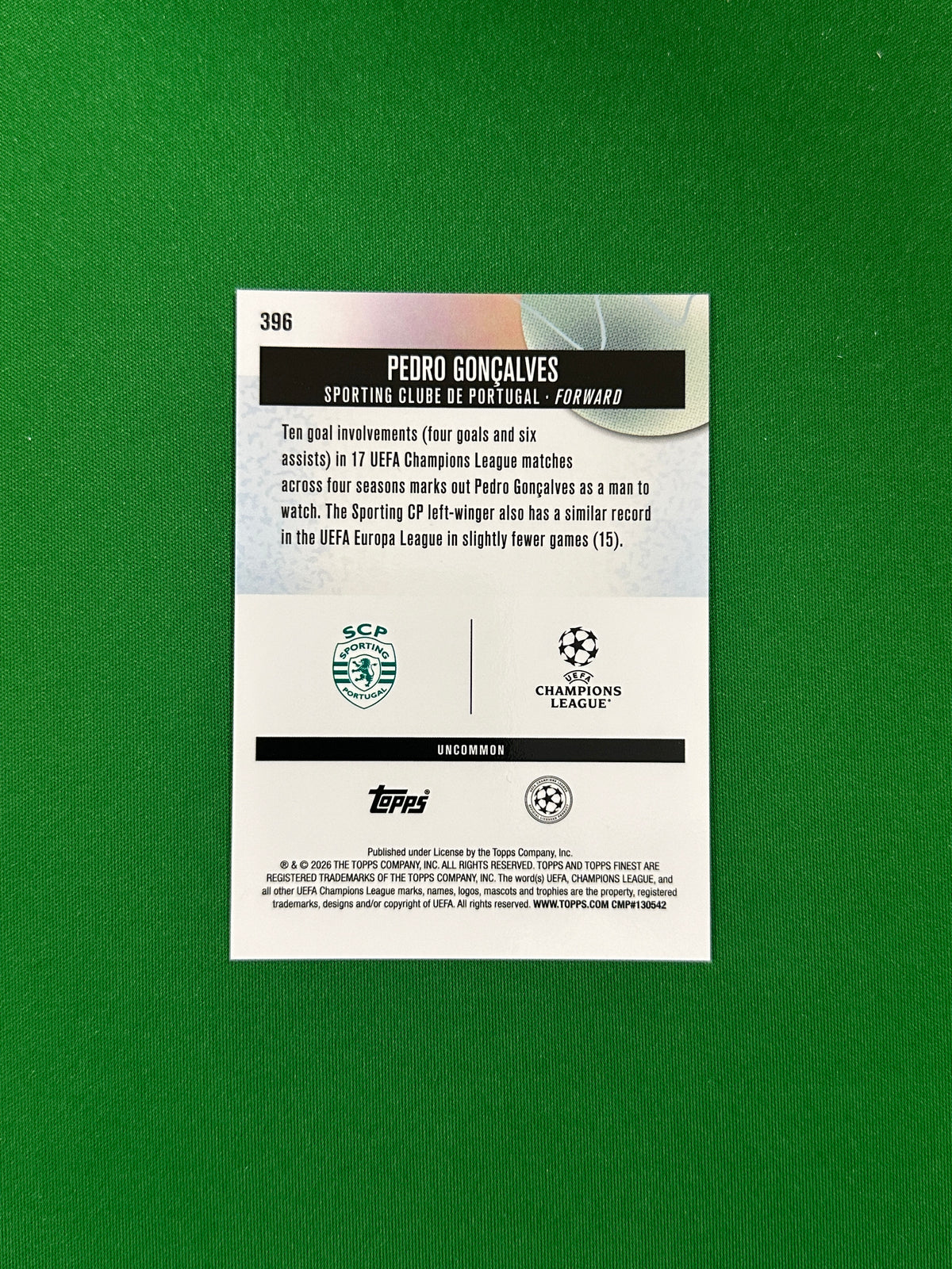 Pedro Gonçalves Uncommon Parallel Green Refractor 14/35 - 2025-26 Topps Finest UEFA Club Competitions - back