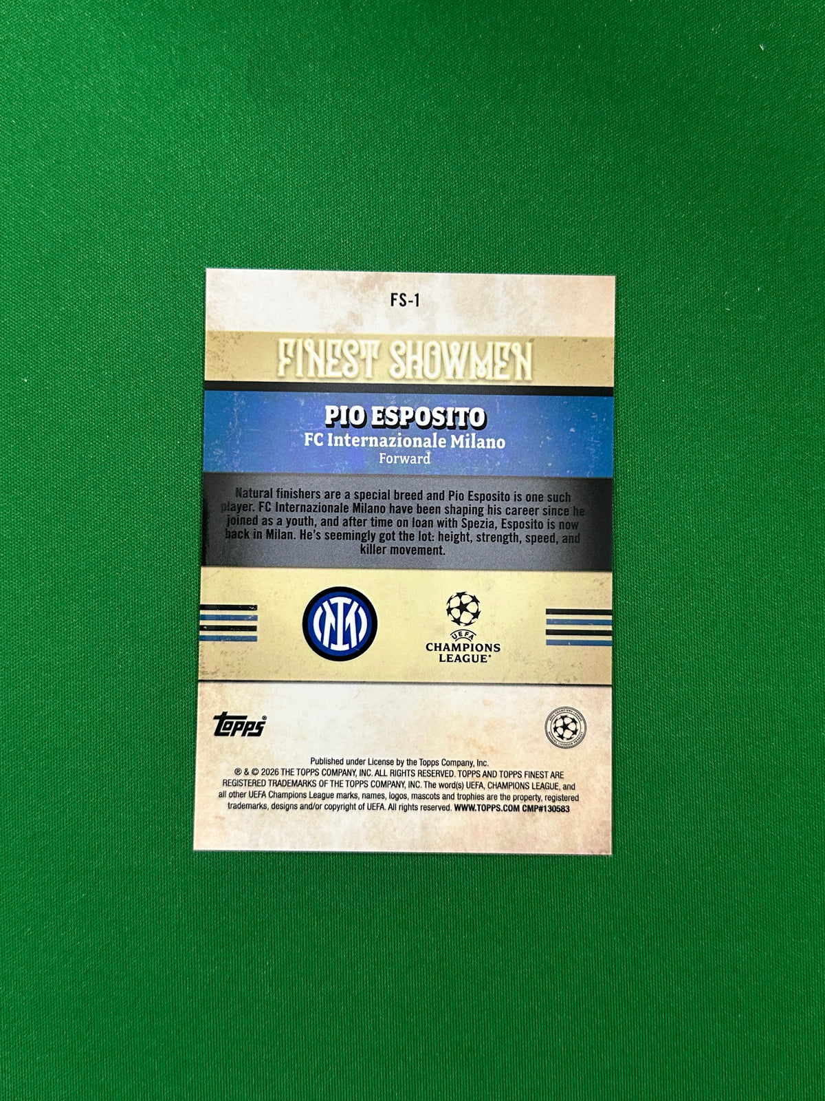 Pio Esposito Finest Showmen Rookie 04/25 - 2025-26 Topps Finest UEFA Club Competitions - back