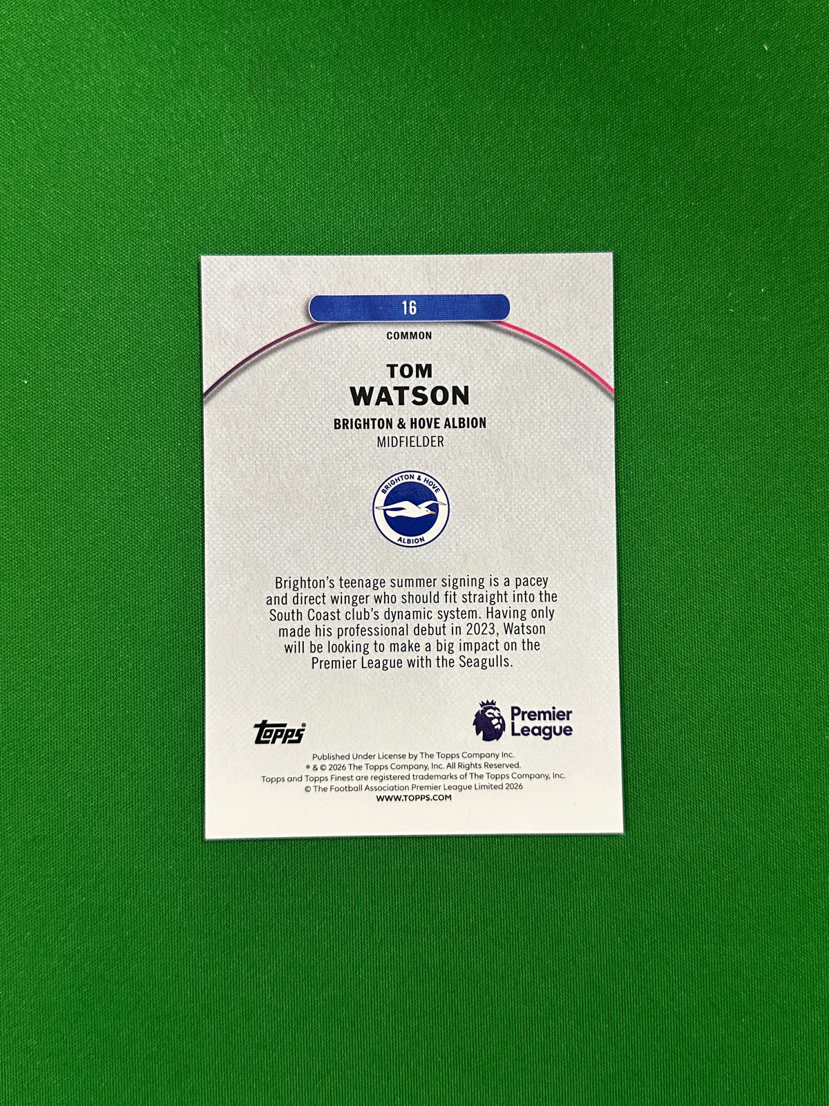 Tom Watson Common Rookie Parallel Purple Checkerboard 085/150 - 2026 Topps Finest Premier League - back