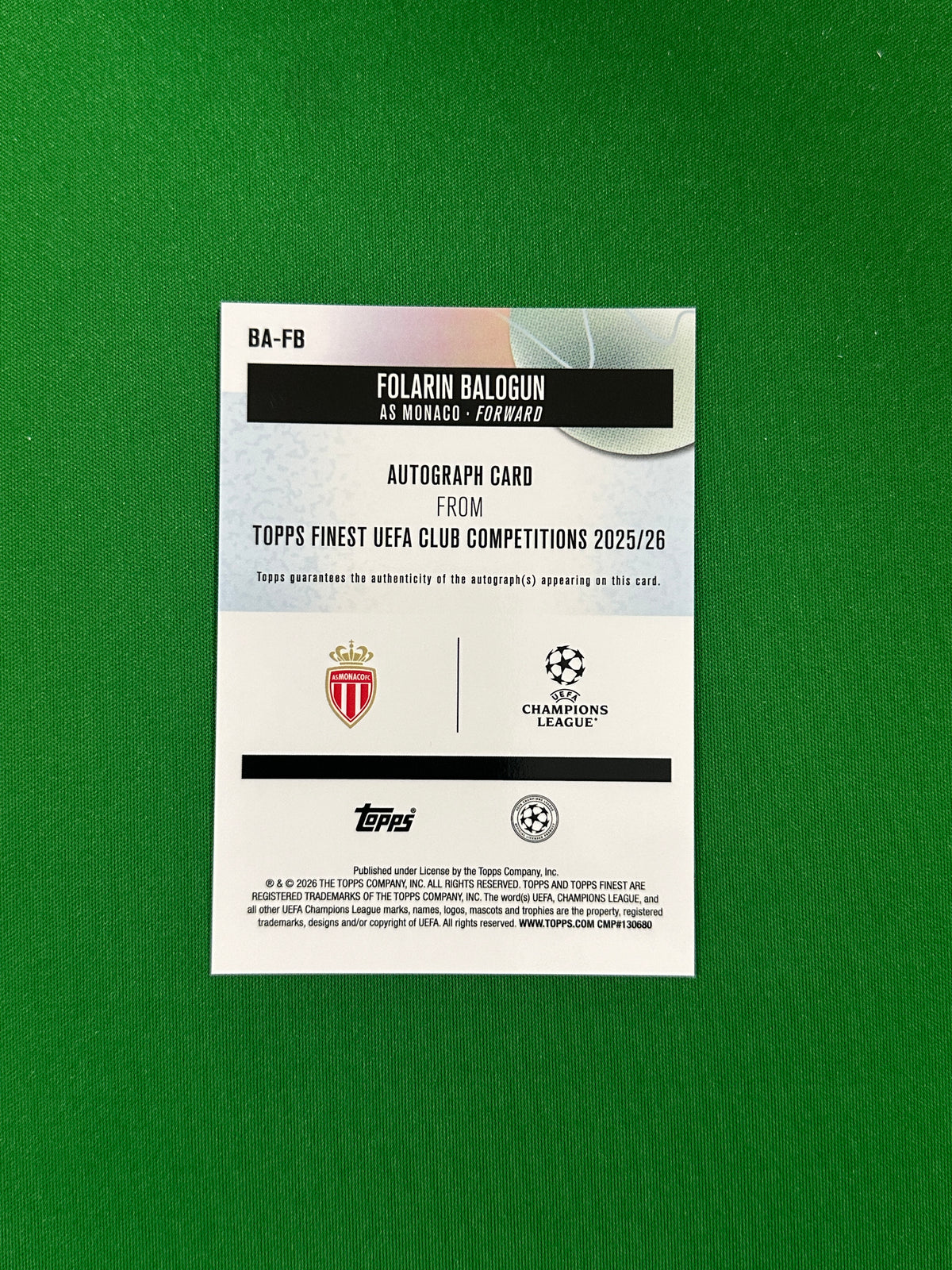 Folarin Balogun Autograph - 2025-26 Topps Finest UEFA Club Competitions - back