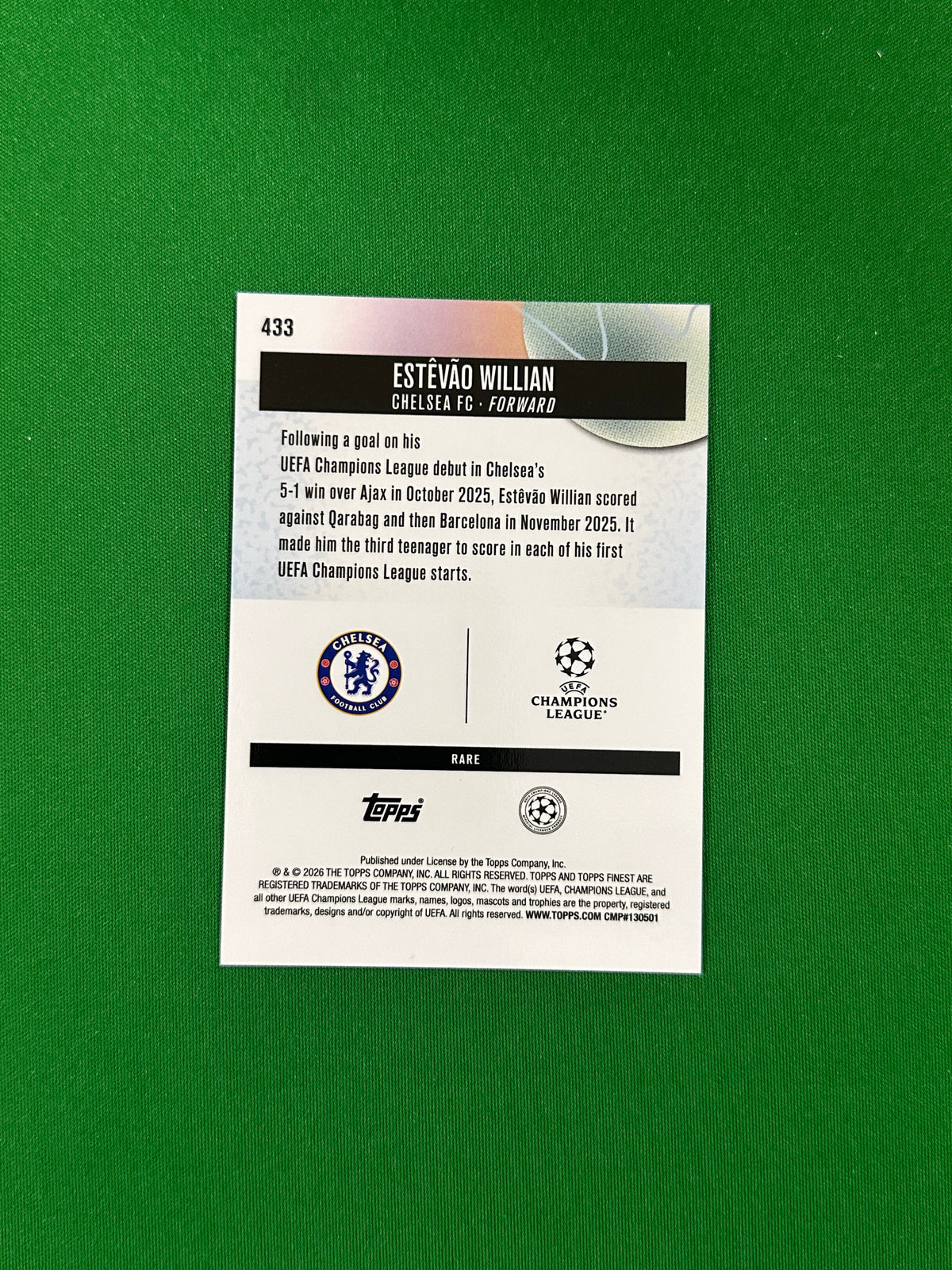 Estêvão Willian Rare Rookie Parallel Checkerboard - 2025-26 Topps Finest UEFA Club Competitions - back