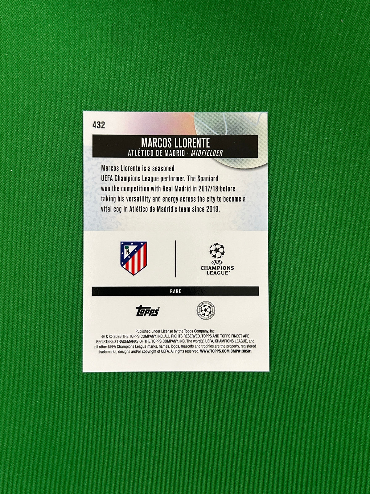 Marcos Llorente Rare Parallel Gold Refractor 16/20 - 2025-26 Topps Finest UEFA Club Competitions - back