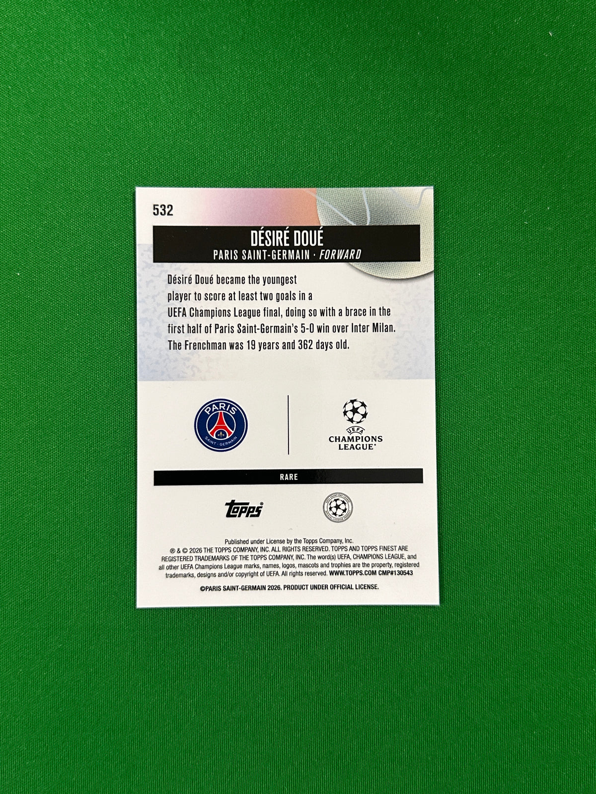 Désiré Doué Rare Parallel Gold Refractor 07/20 - 2025-26 Topps Finest UEFA Club Competitions - back