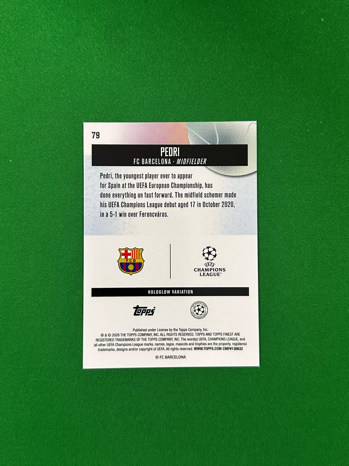 Pedri HoloGlow Variation Gold Refractor 13/50 - 2025-26 Topps Finest UEFA Club Competitions - back