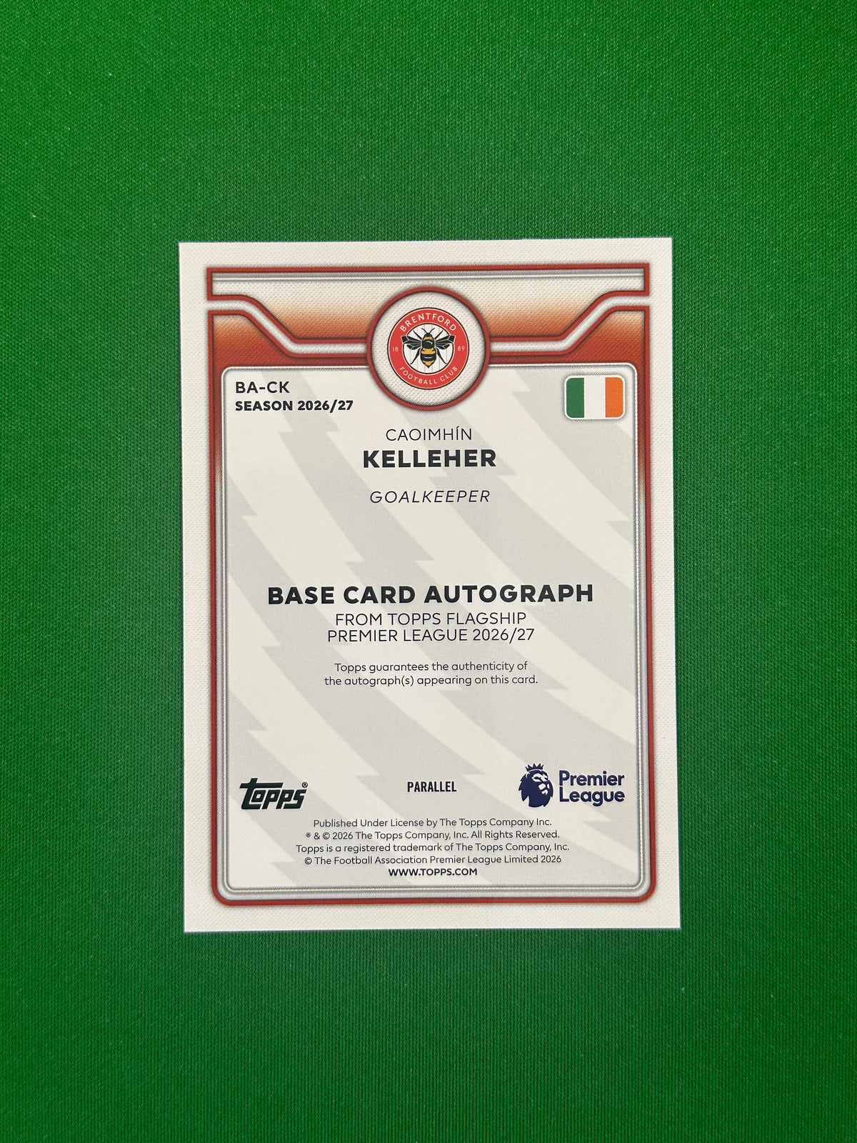 Caoimhín Kelleher Autograph Gold 09/50 — back