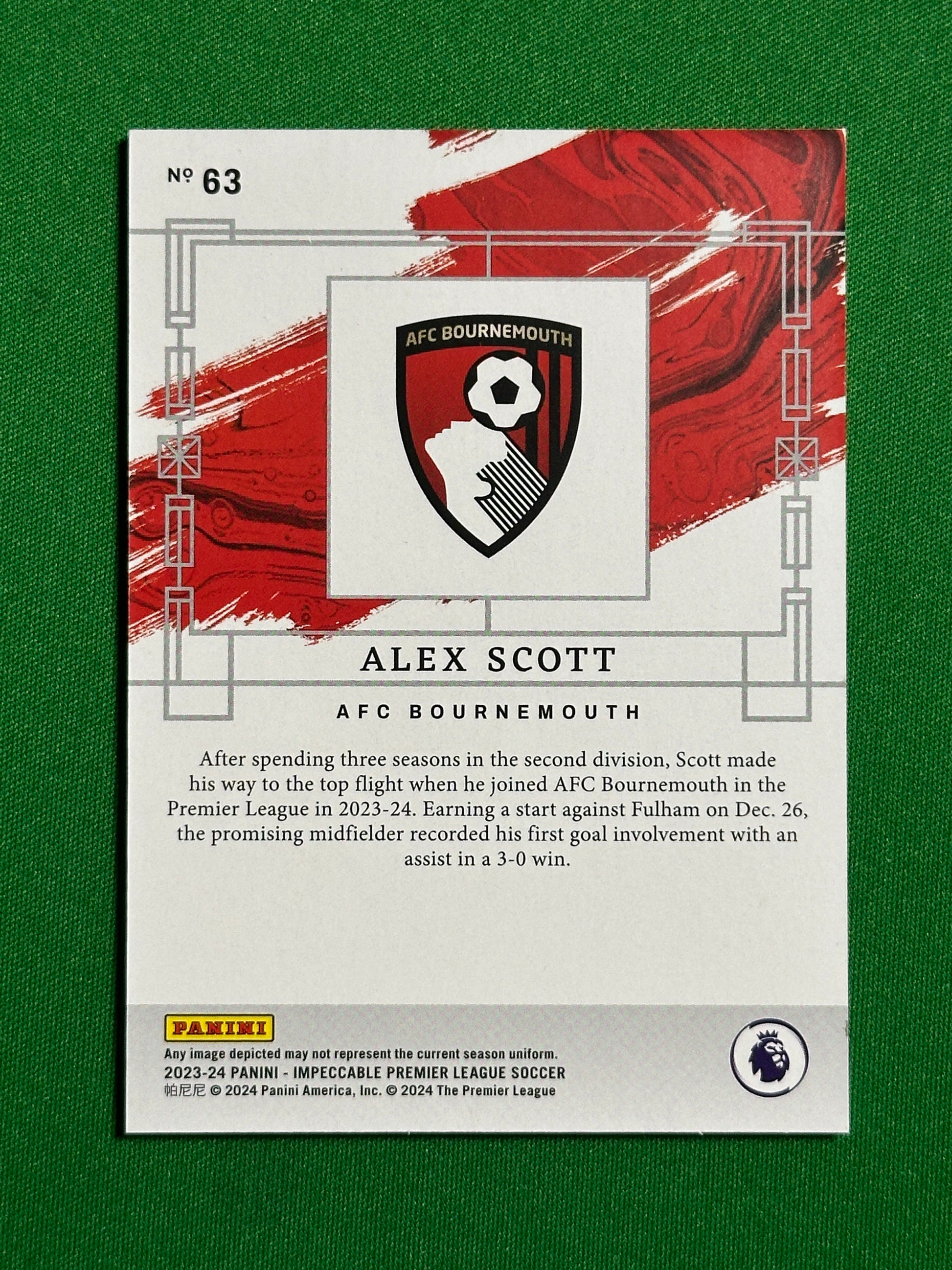 Alex Scott Rookie 29/62 - Bournemouth - Panini Impeccable 2023/24 Back