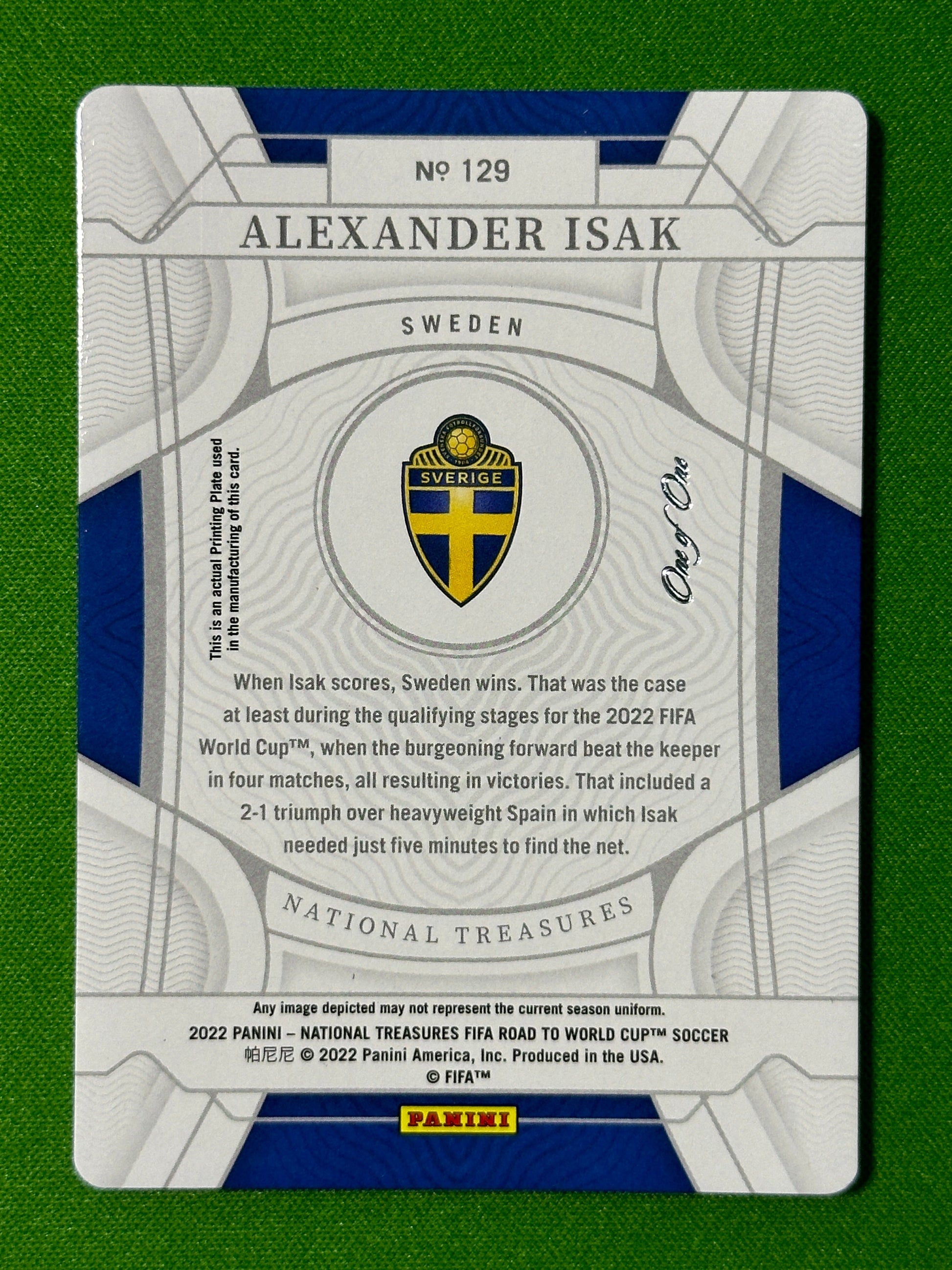 Alexander Isak One of One Printing Plate - Sweden - Panini National Treasures 2022 Back