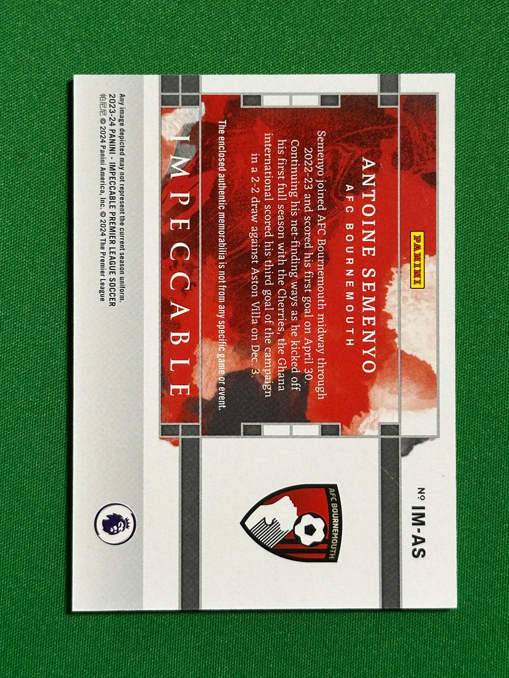 Antoine Semenyo Patch 23/25 - Bournemouth - Panini Impeccable 2023/24 Back