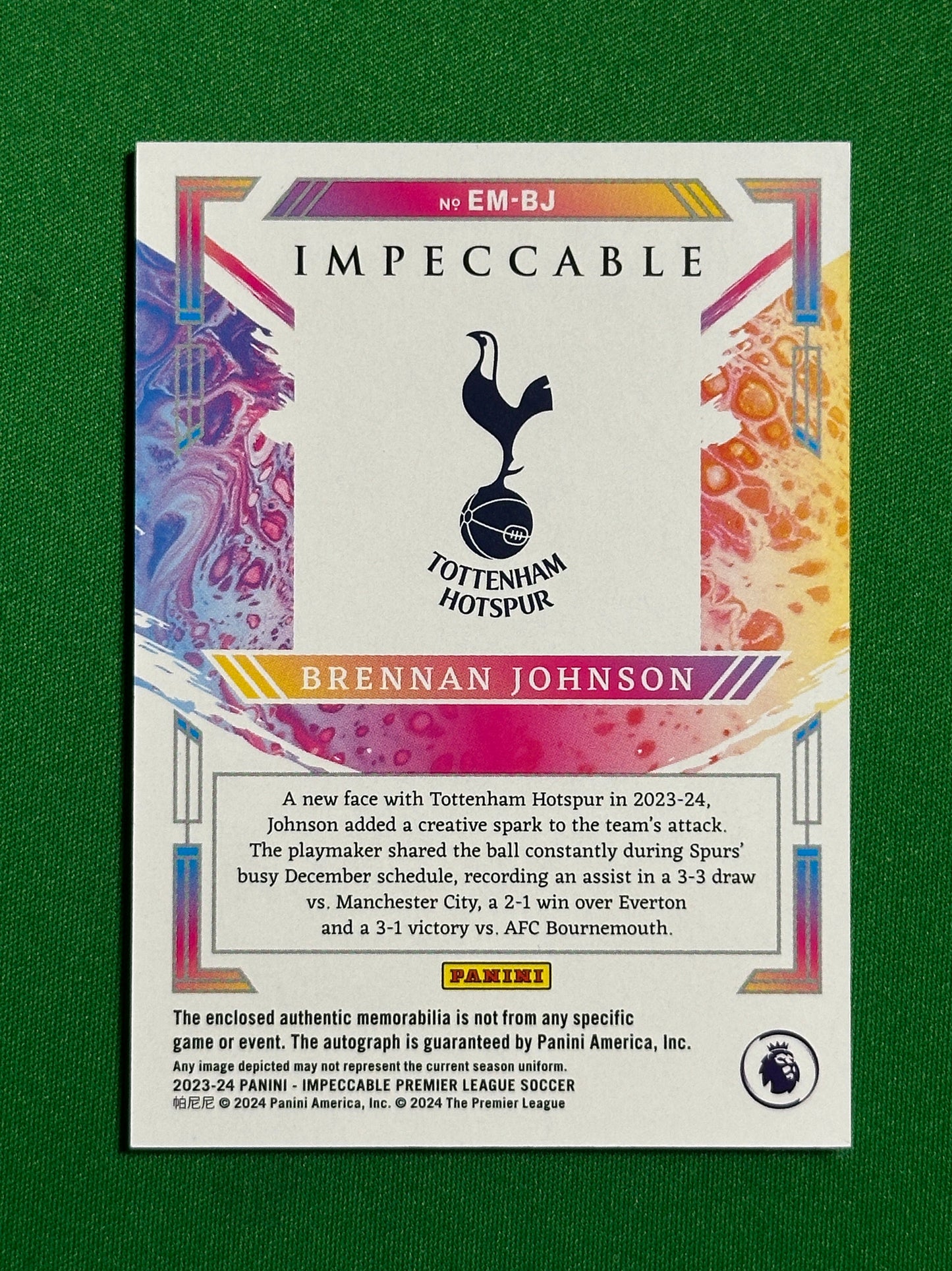 Brennan Johnson Autograph Patch 32/99 - Tottenham Hotspur - Panini Impeccable 2023/24 Back