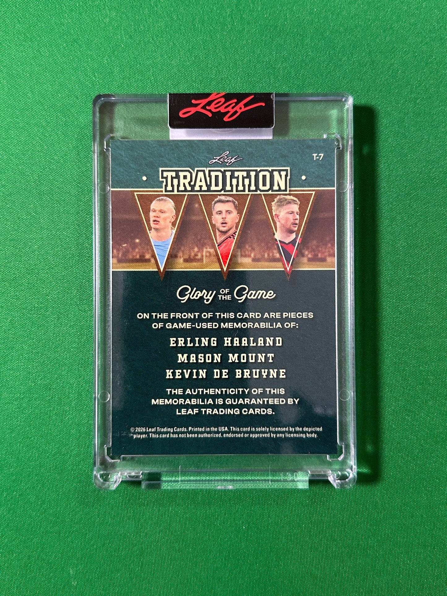Erling Haaland, Mason Mount & Kevin De Bruyne Relic 24/35 Leaf Glory of the Game 2026 football card back