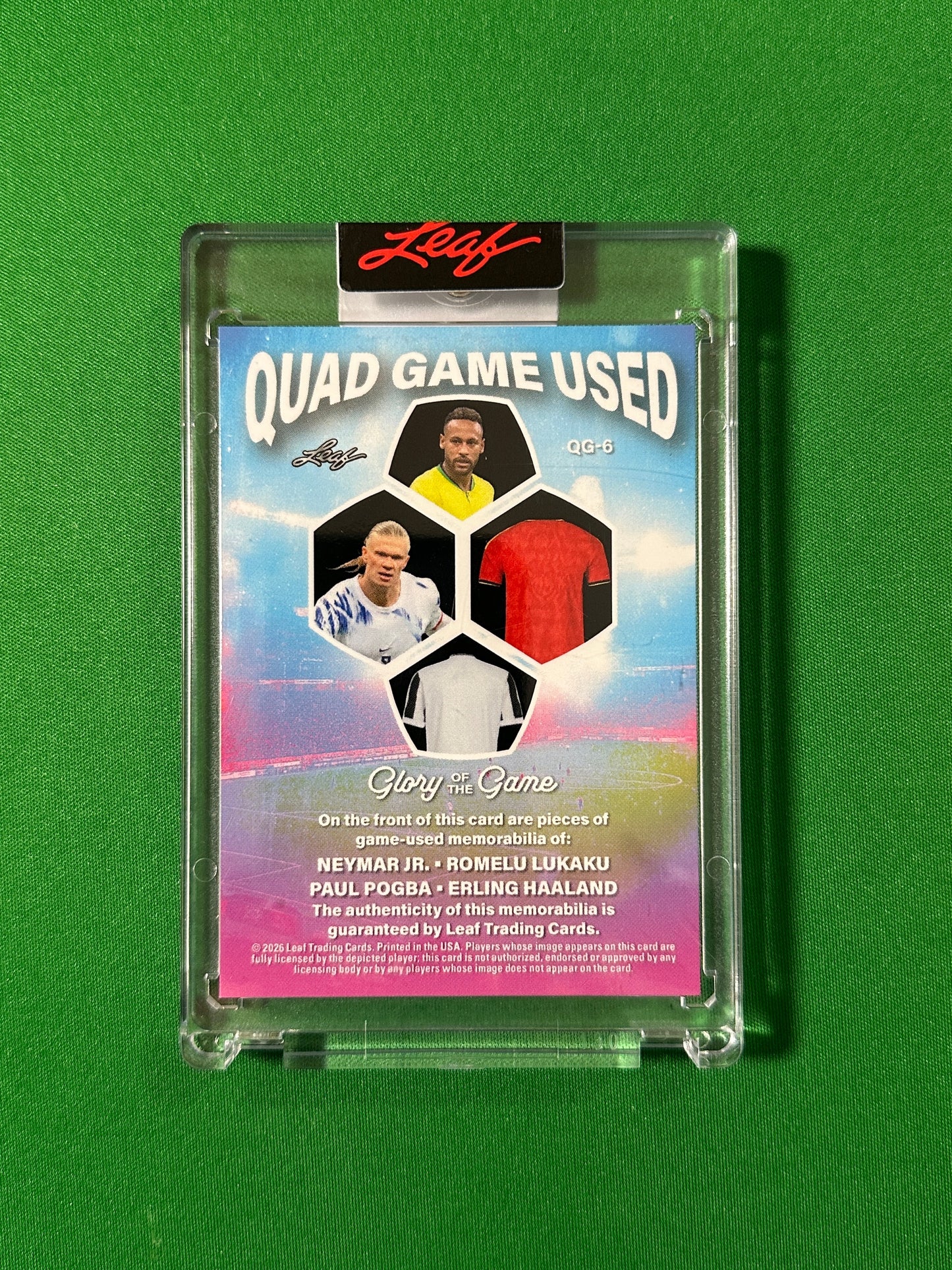 Neymar Jr., Romelu Lukaku, Paul Pogba & Erling Haaland Relic 1/12 Leaf Glory of the Game 2026 football card back