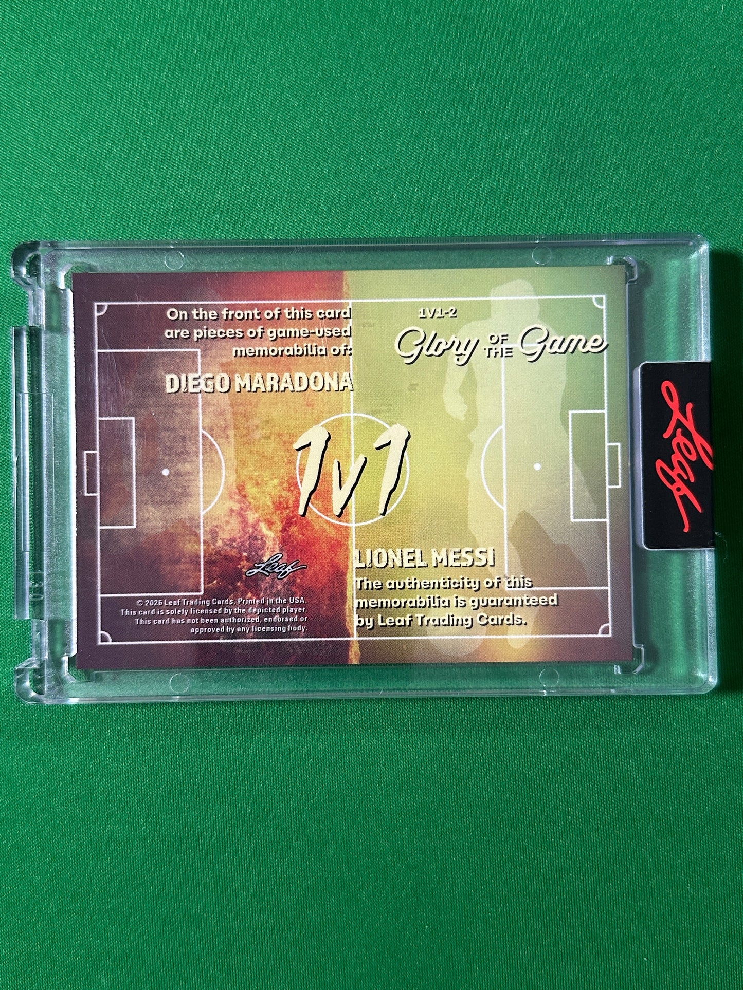 Diego Maradona & Lionel Messi Relic 10/12 Argentina Leaf Glory of the Game 2026 football card back