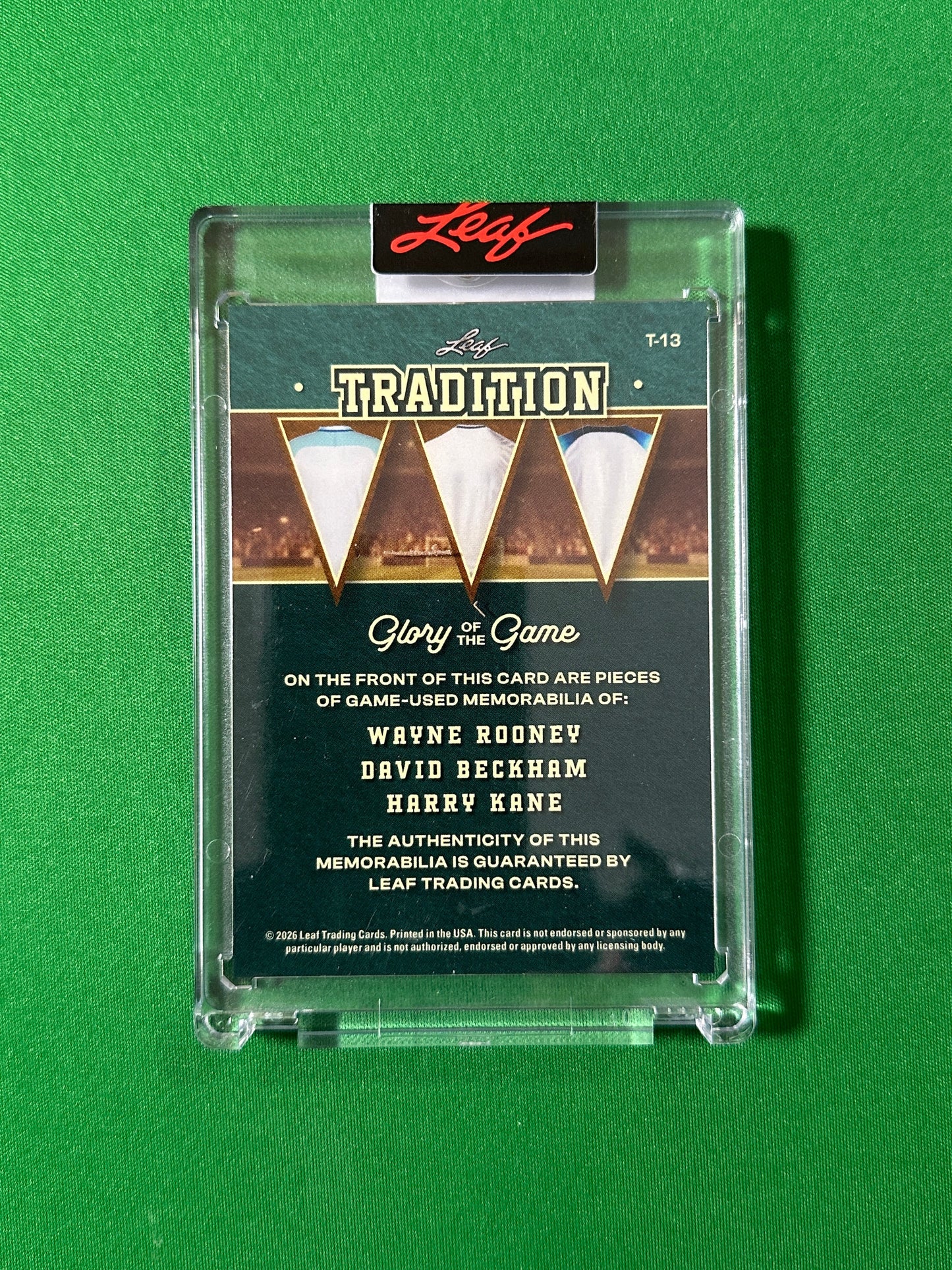 Wayne Rooney, David Beckham & Harry Kane Relic 32/35 England Leaf Glory of the Game 2026 football card back