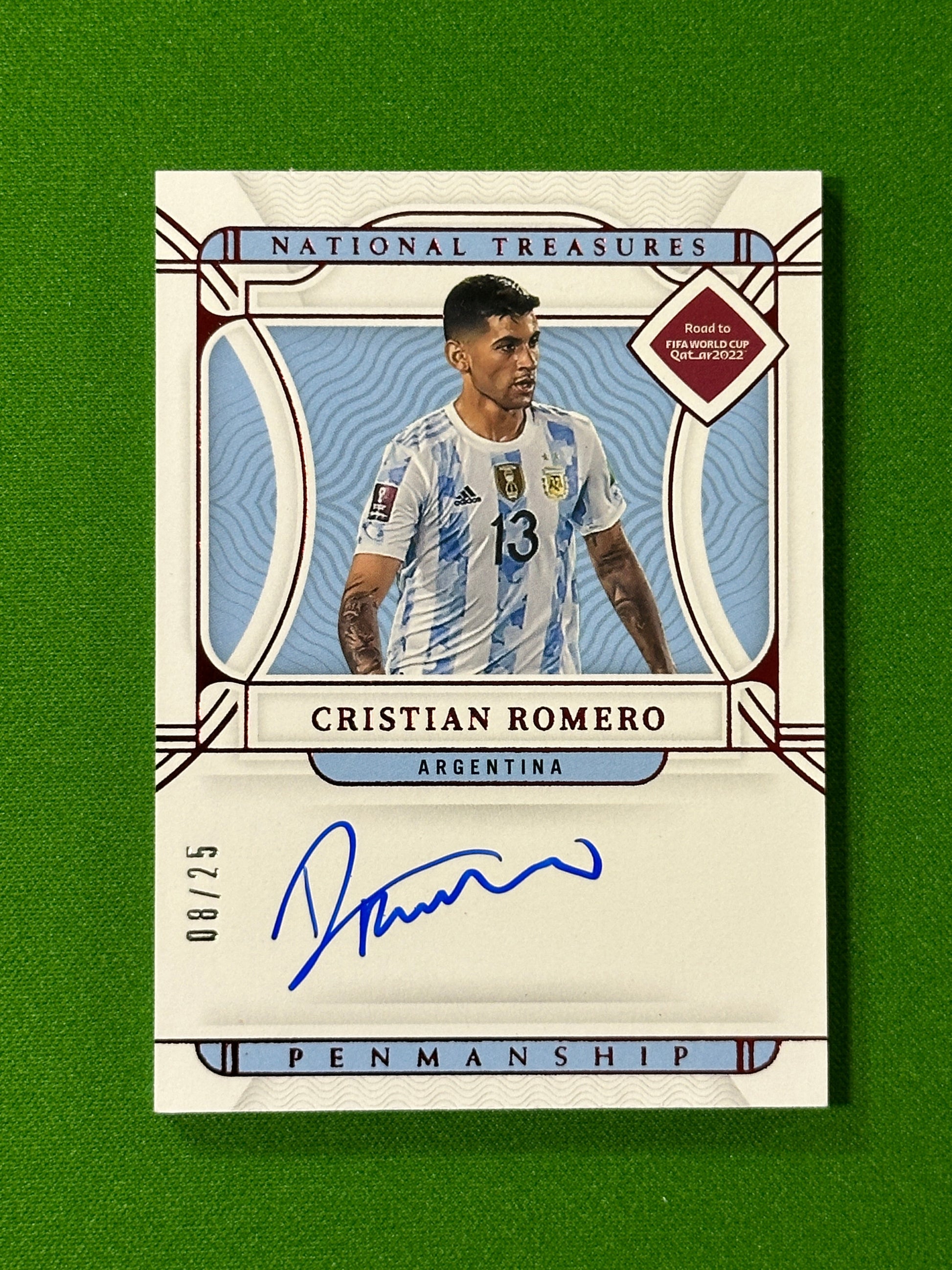 Cristian Romero On-Card Autograph 08/25 - Argentina - Panini National Treasures World Cup 2022