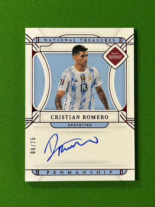 Cristian Romero On-Card Autograph 08/25 - Argentina - Panini National Treasures World Cup 2022