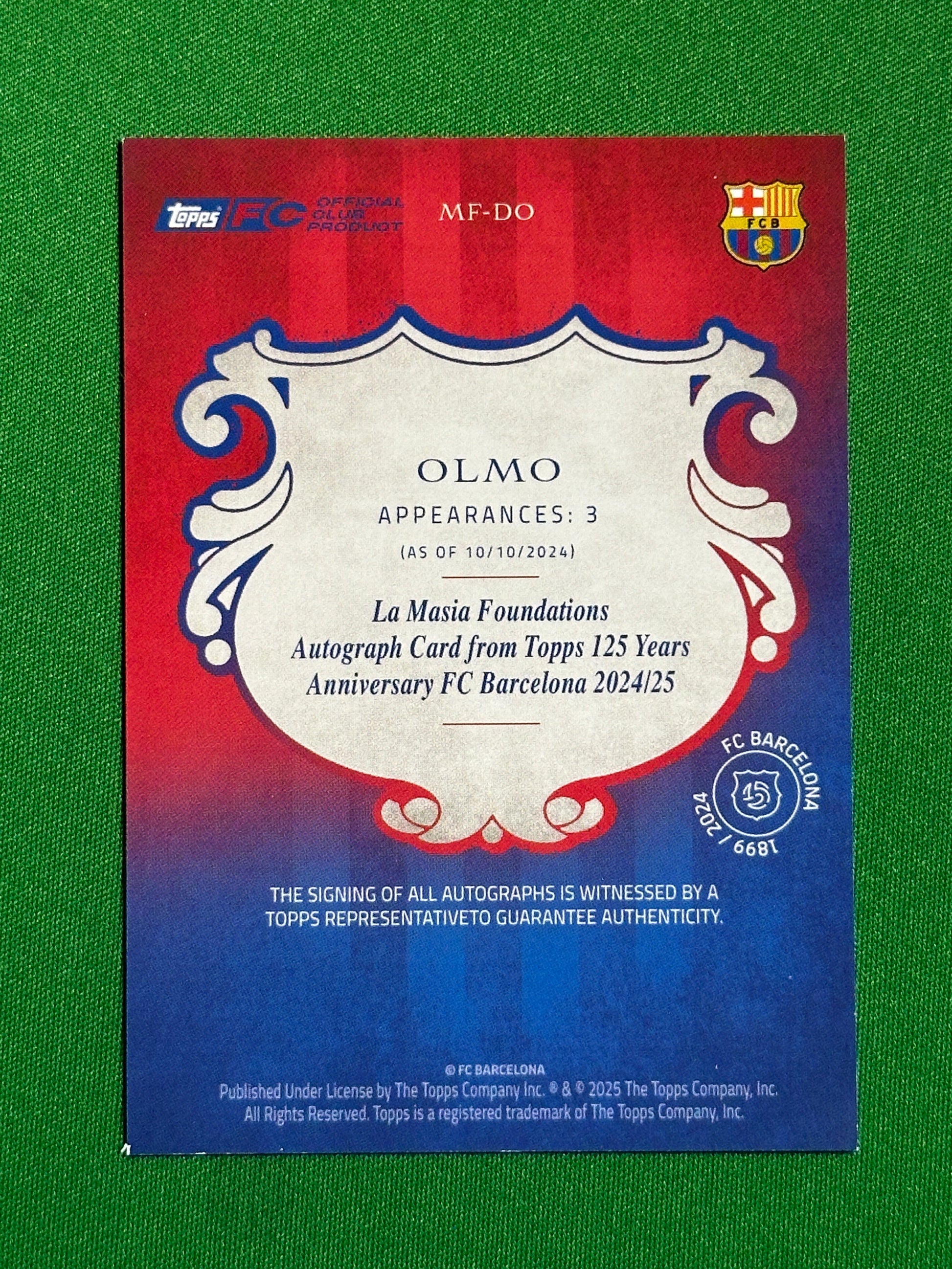 Dani Olmo Autograph 42/75 - Topps Barcelona 125th Anniversary Back