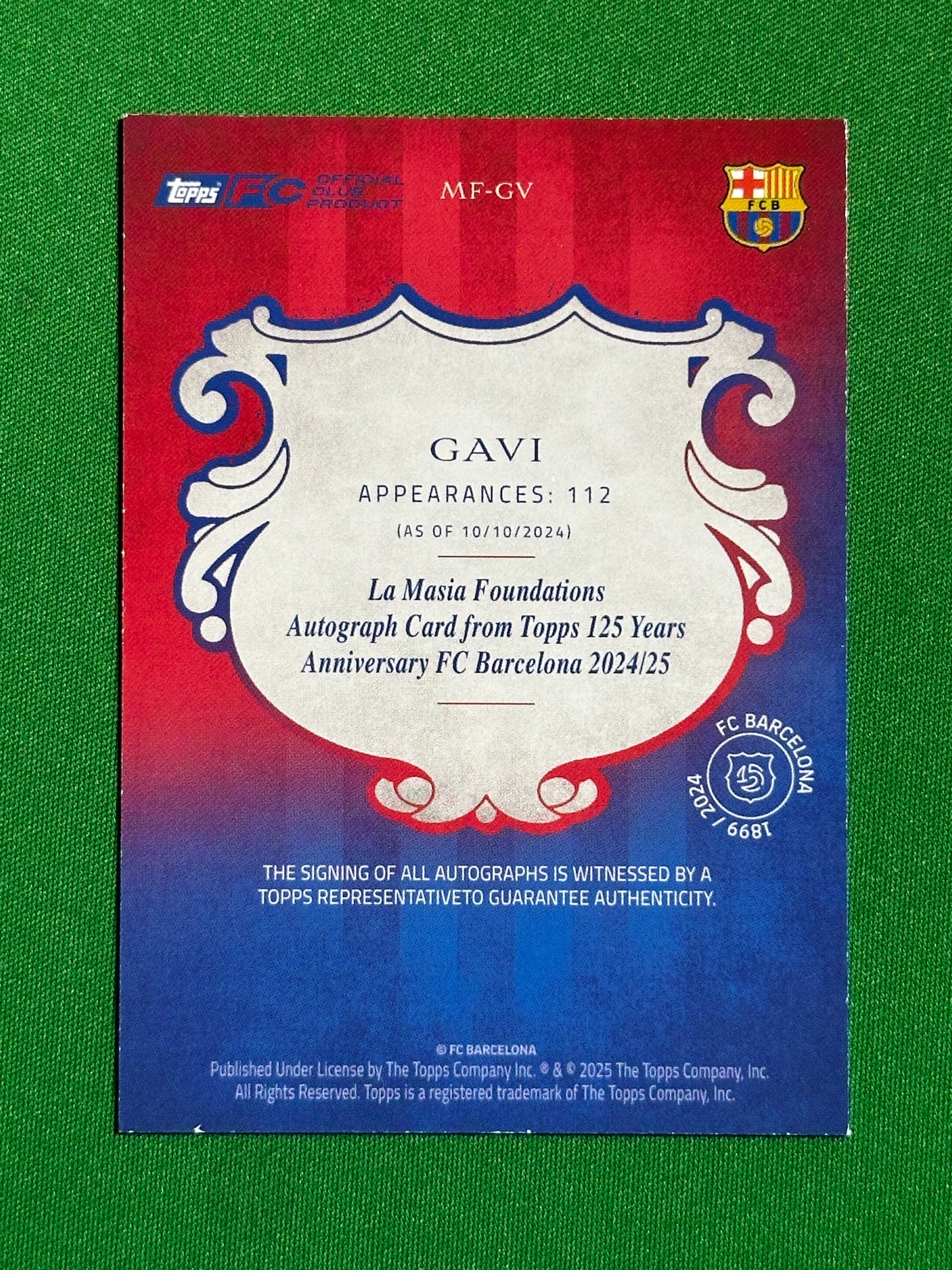 Gavi Autograph 05/50 - Topps Barcelona 125th Anniversary Back