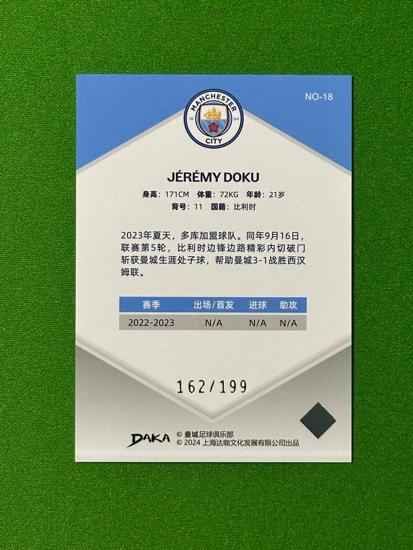 Jeremy Doku 162/199 - DAKA Manchester City Holocene 2023-24