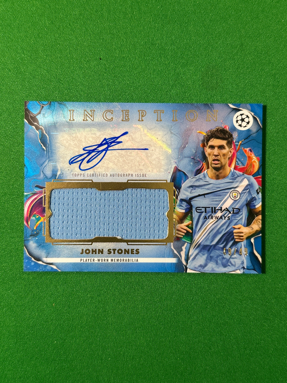 John Stones Autograph Relic 49/49 Manchester City Topps PL Inception 2025/26 football card