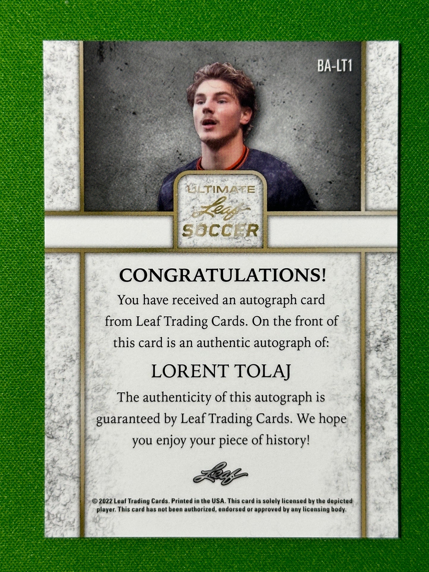 Lorent Tolaj Autograph - 2/18 - Leaf Ultimate Soccer 2022 Back