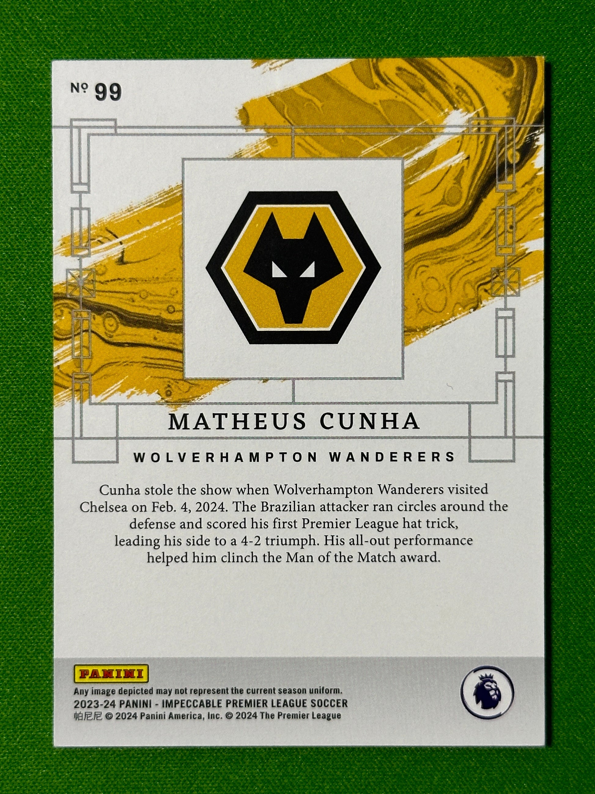 Matheus Cunha 2/18 - Wolves - Panini Impeccable 2023/24 Back
