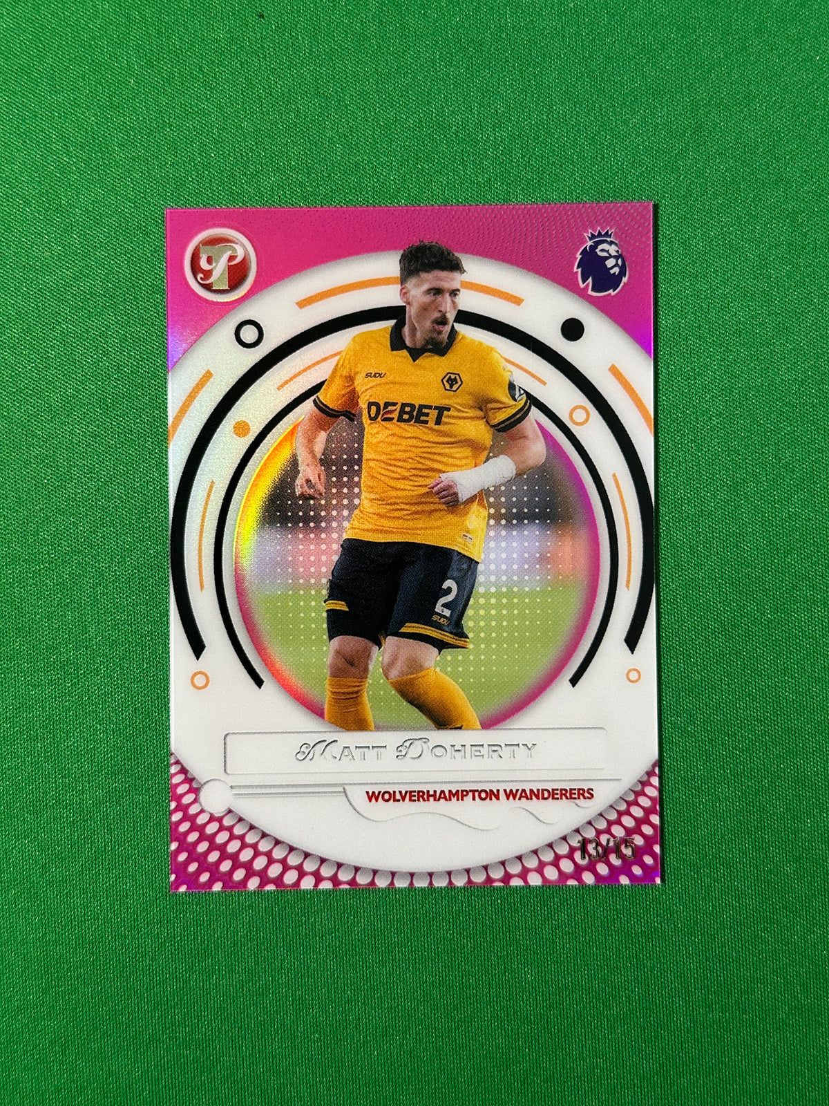 Matt Doherty Pink Parallel 13/15 Wolverhampton Wanderers Topps PL Pristine 2025/26 football card