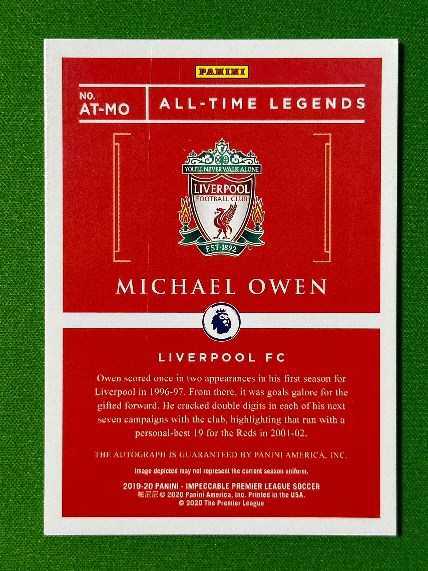 Michael Owen Autograph 75/99 - Liverpool - Panini Impeccable 2019/20 Back