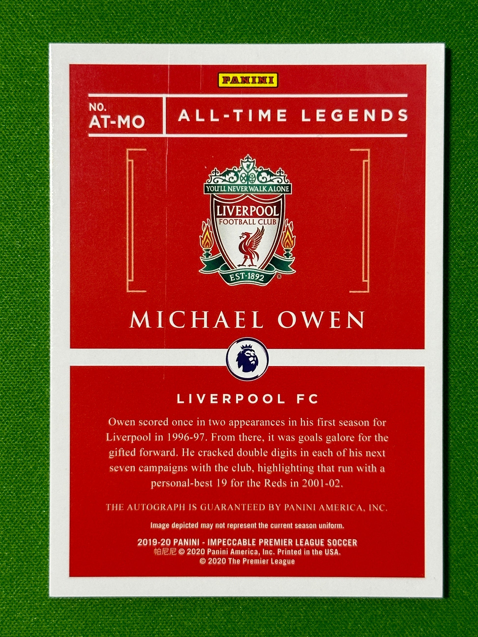 Michael Owen Autograph 75/99 - Liverpool - Panini Impeccable 2019/20 Back