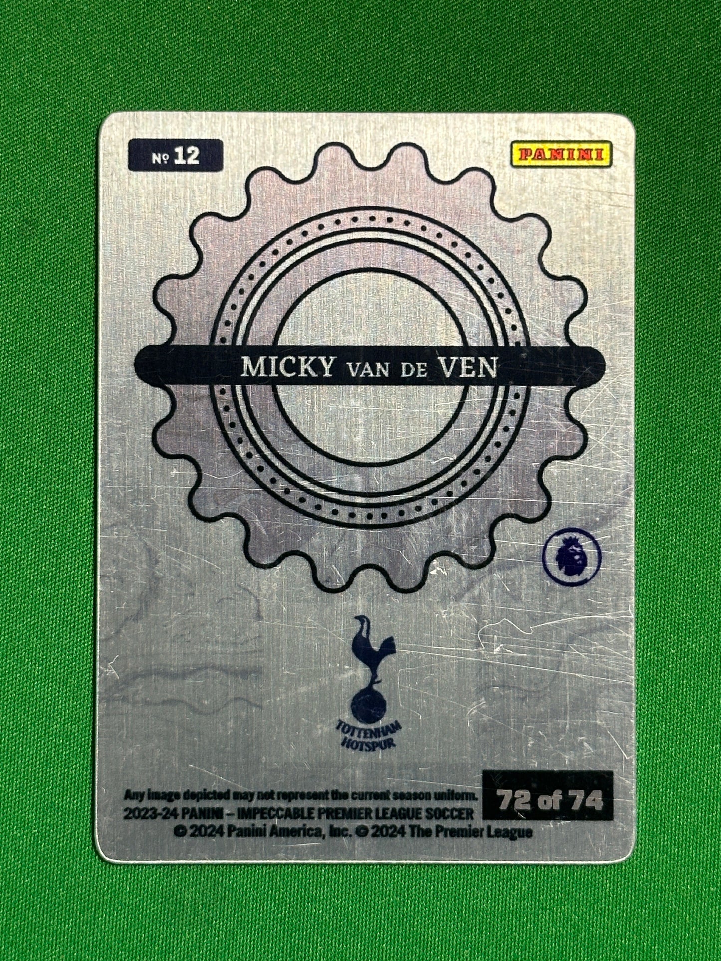 Micky Van De Ven Rookie Metal 72/74 - Tottenham Hotspur - Panini Impeccable 2023/24 Back