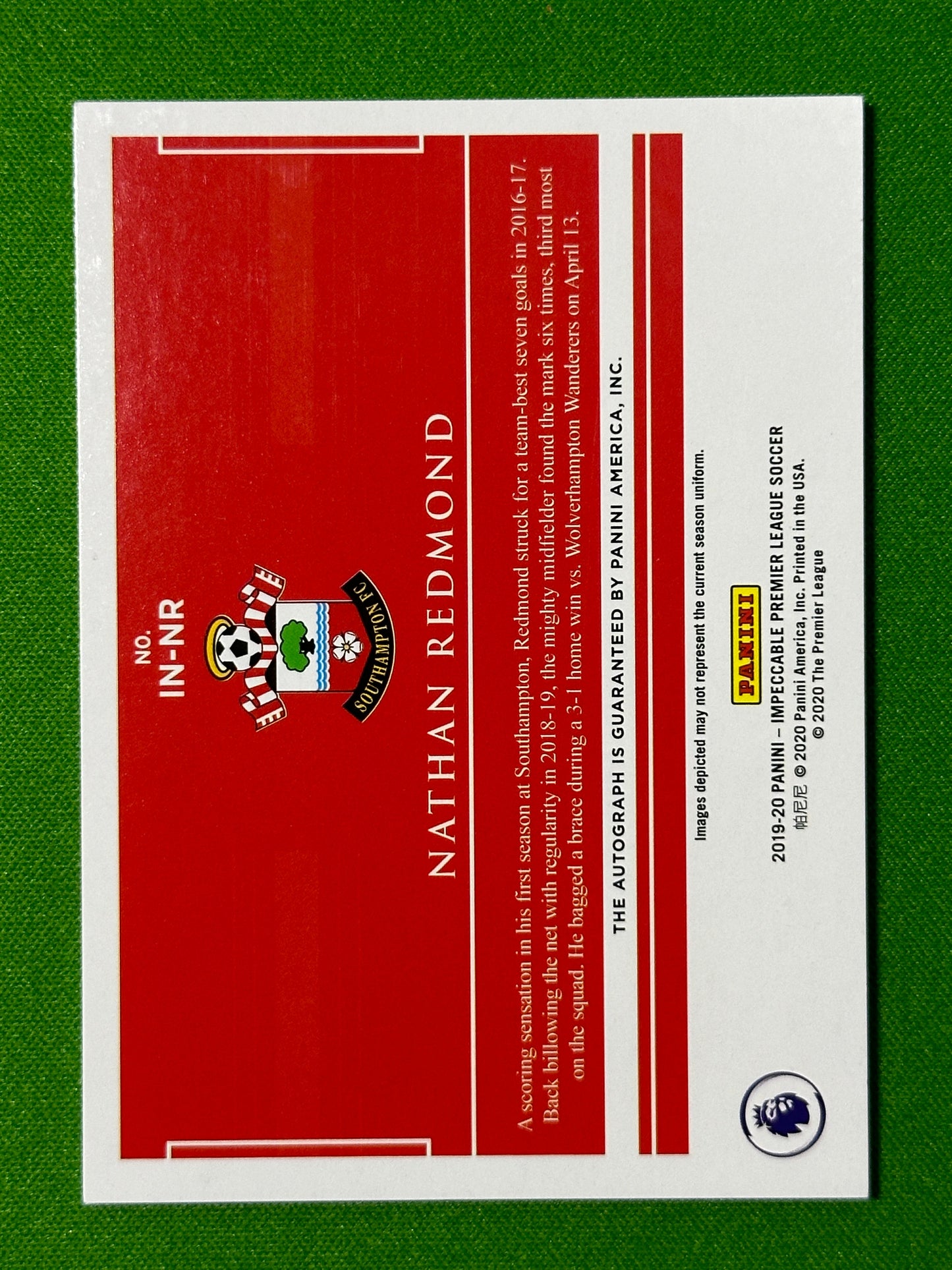 Nathan Redmond Autograph 29/99 - Southampton - Panini Impeccable 2019/20 Back