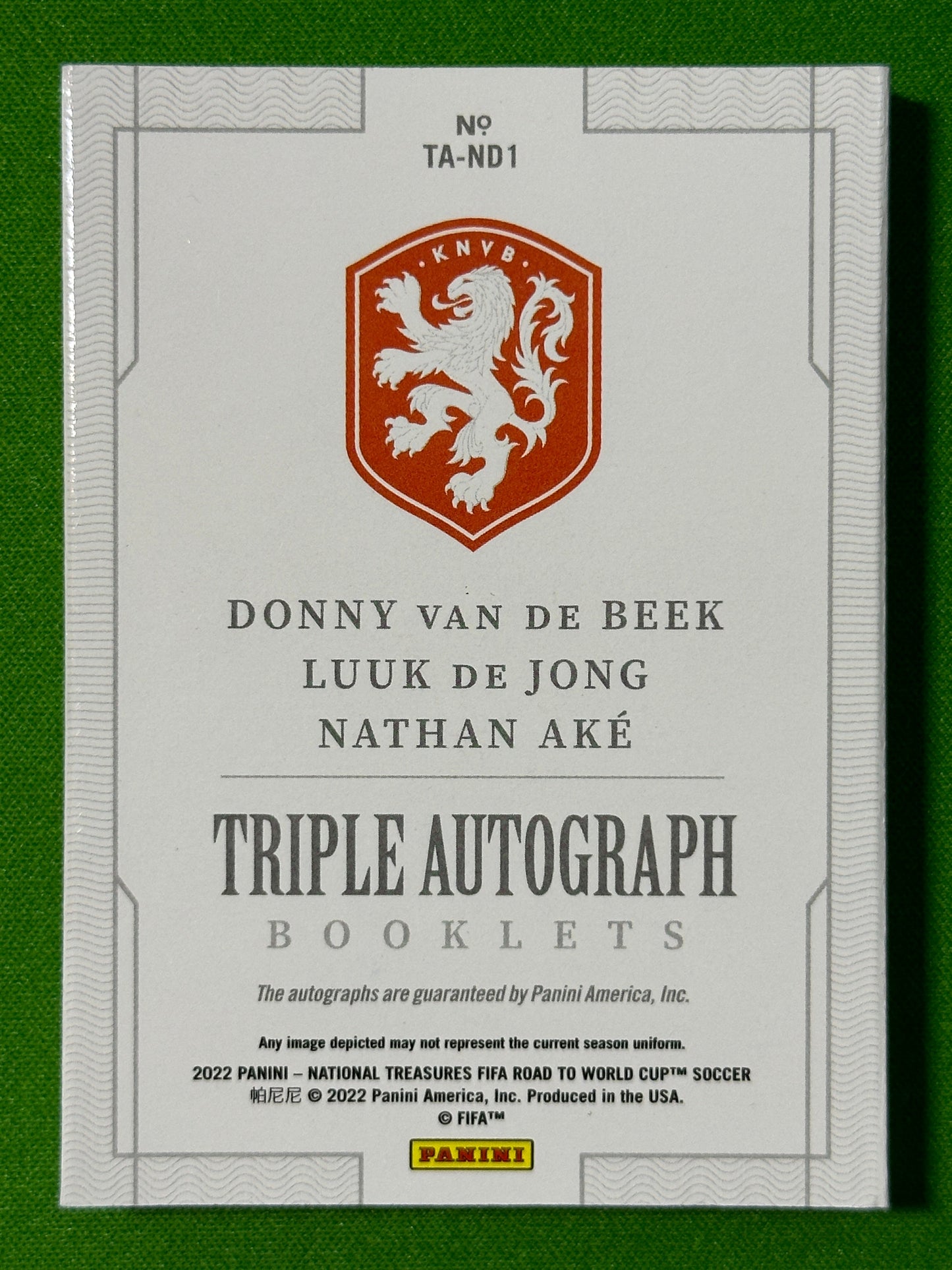Netherlands Autograph Booklet 4/10 - Van De Beek, De Jong, Nathan Ake - Panini National Treasures 2022 Back