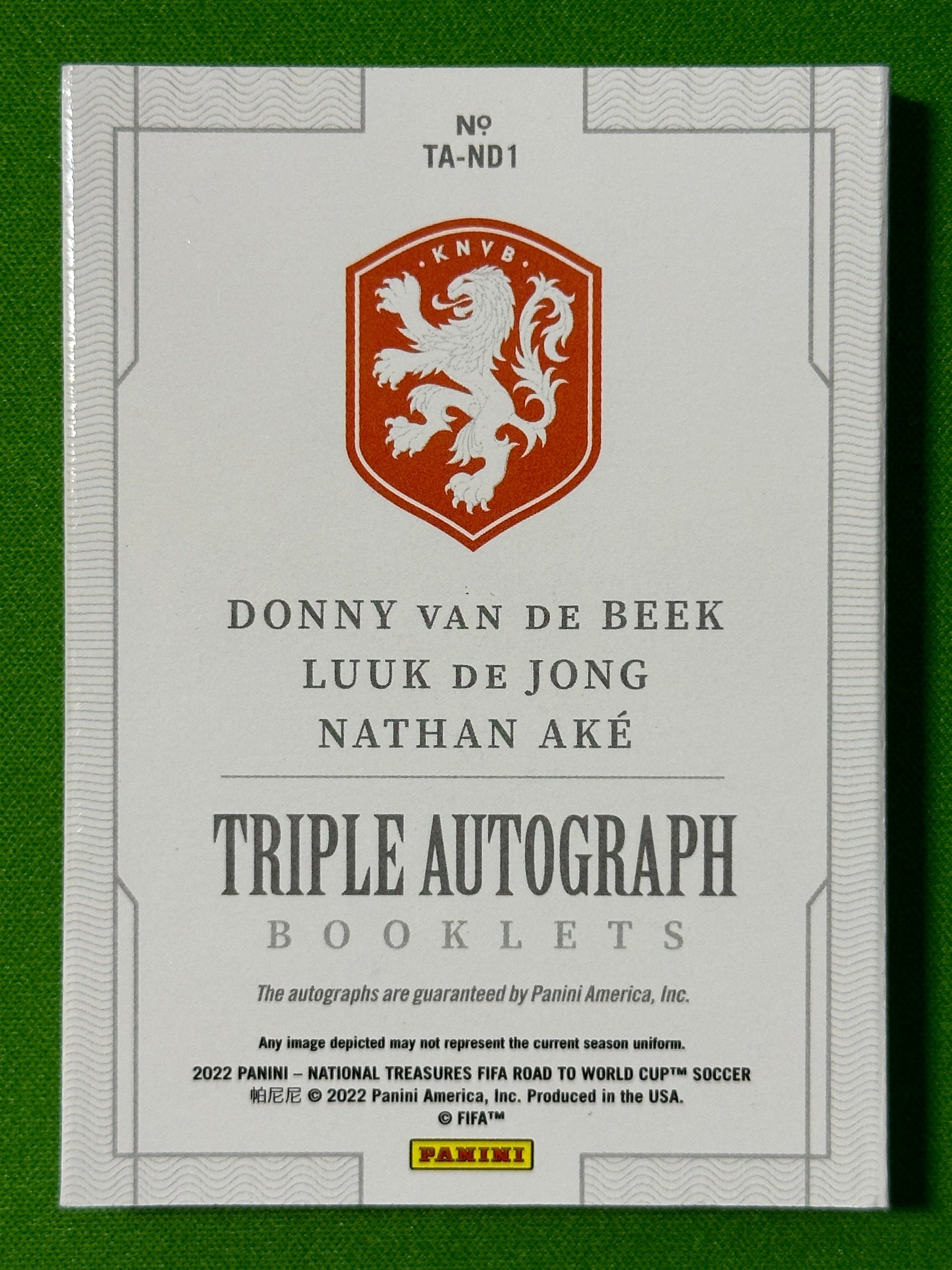 Netherlands Autograph Booklet 4/10 - Van De Beek, De Jong, Nathan Ake - Panini National Treasures 2022 Back
