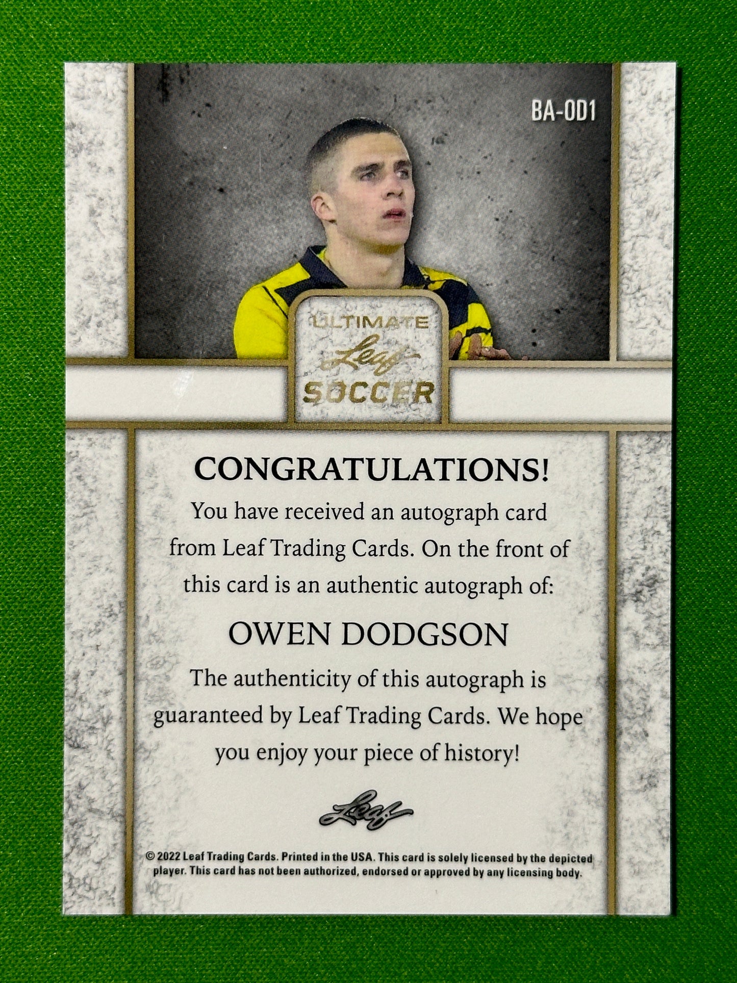 Owen Dodgson Autograph 6/10 - Leaf Ultimate Soccer 2022 Back