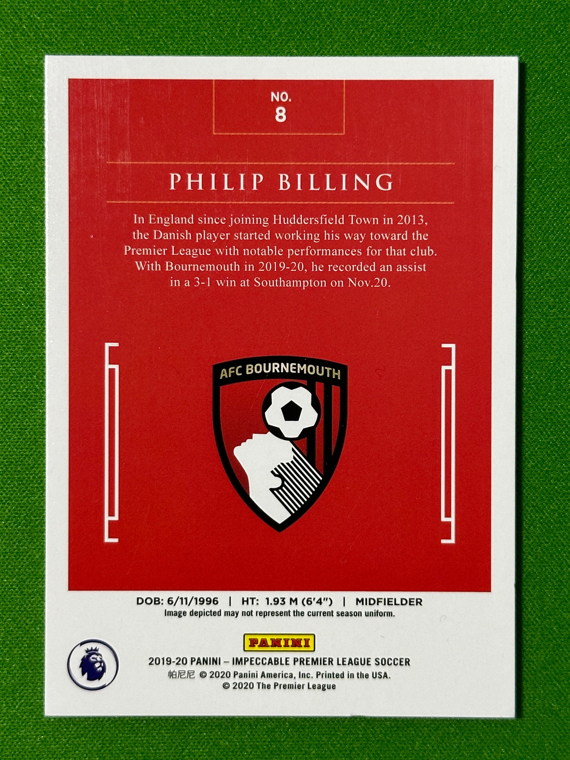 Philip Billing 13/35 - Bournemouth - Panini Impeccable 2019/20 Back